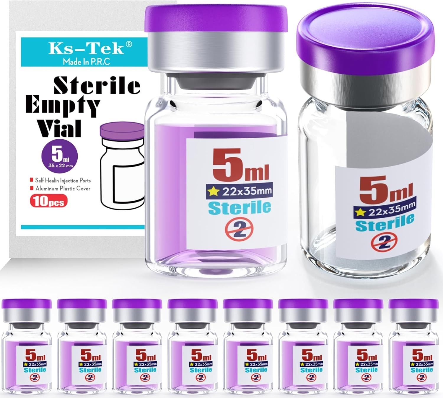 10-Pack Sterile 5ml Glass Vials with Self-Healing Injection Port & Cap
