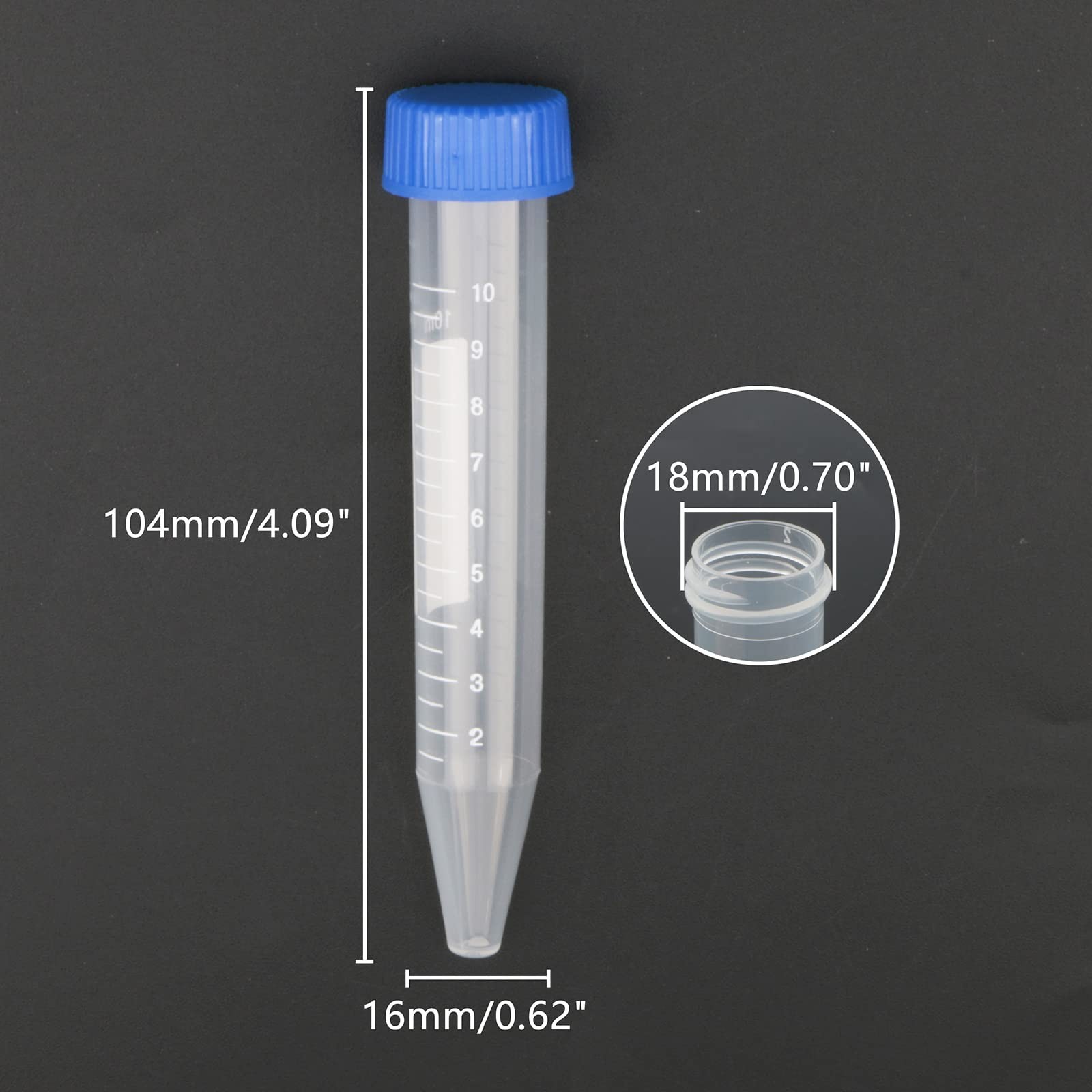 20-Pack 10ml Conical Centrifuge Tube with Blue Screw Cap Clear Graduation