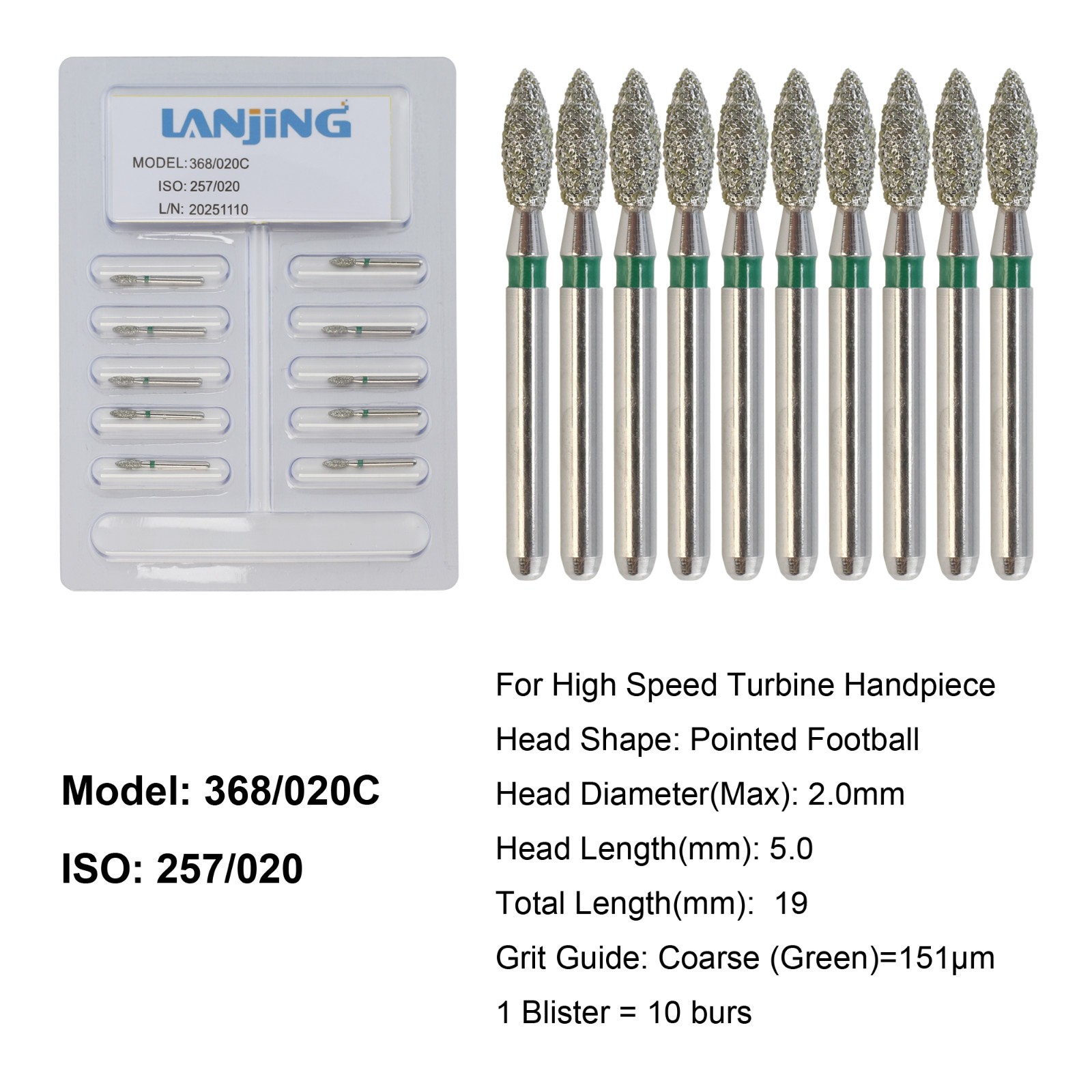 Dental Diamond Burs Football Bur FG Fine Coarse High Speed Friction Grip 368 379