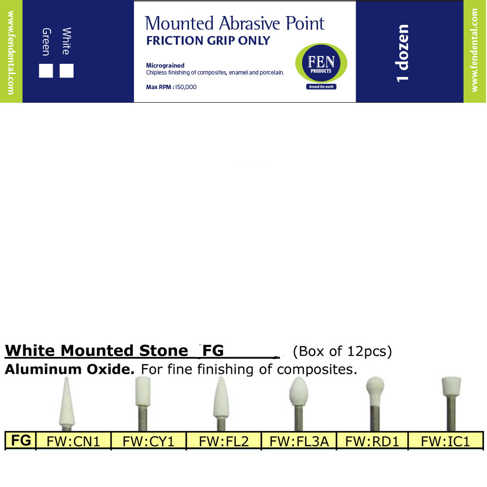 WHITE MOUNTED STONES 12 PER BOX – FL2 -CN1 – RD1 – FL3 ARKANSAS STONE DENTAL