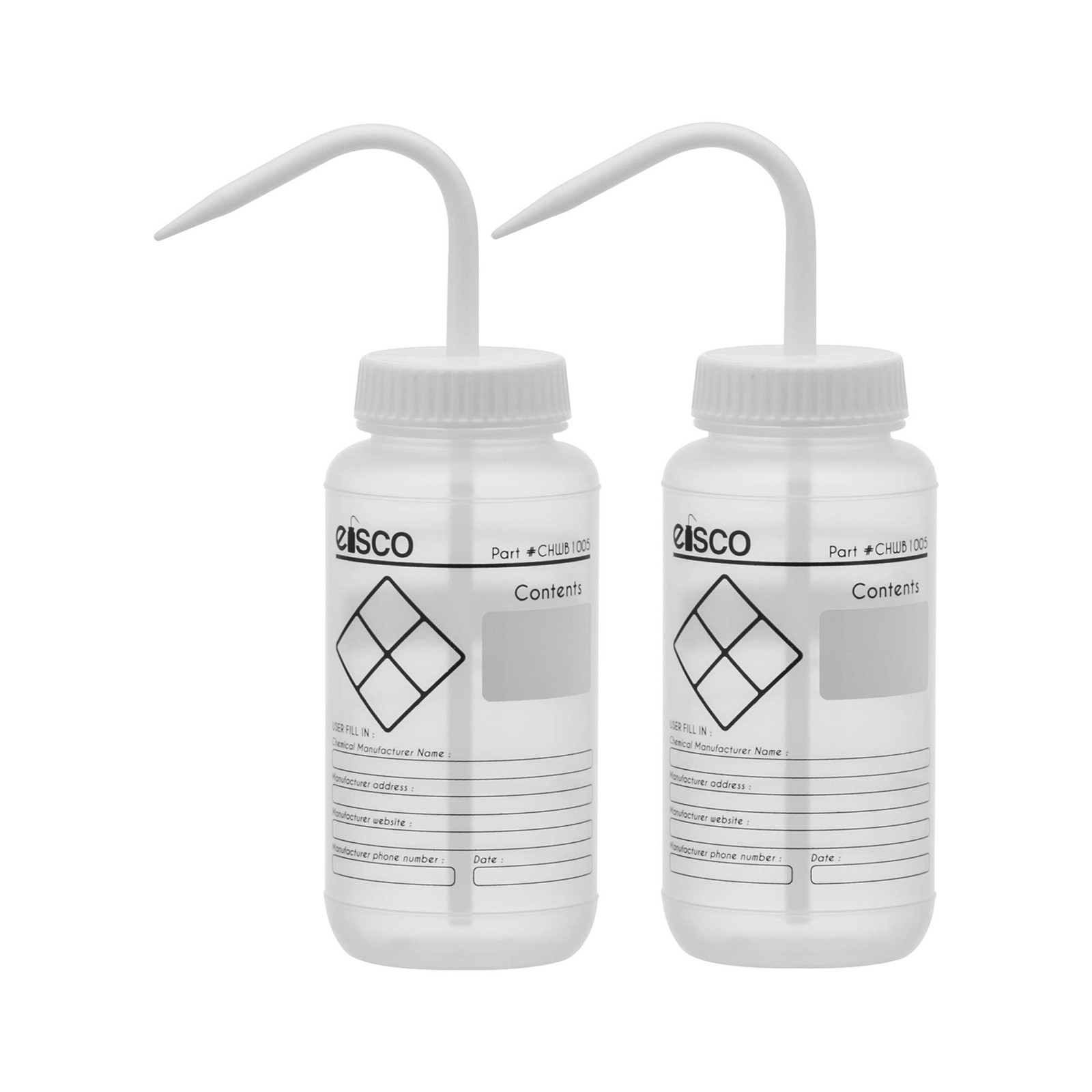EISCO 2PK Chemical Wash Bottle, Blank Labels, 500ml – Wide Mouth, Self Ventin…
