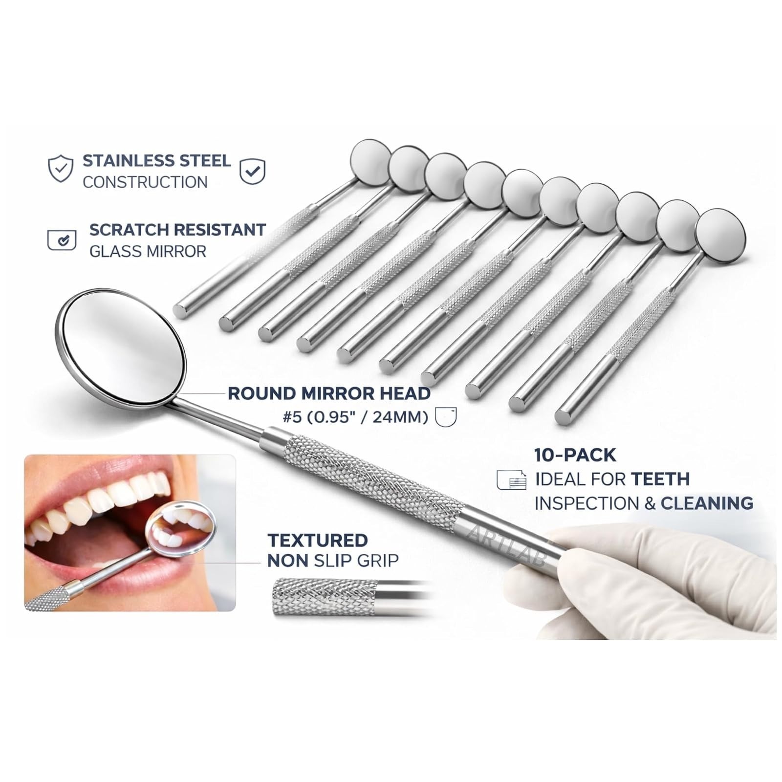 Premium Dental Mouth Mirror #5 with Handle Stainless Steel – 10 Pack