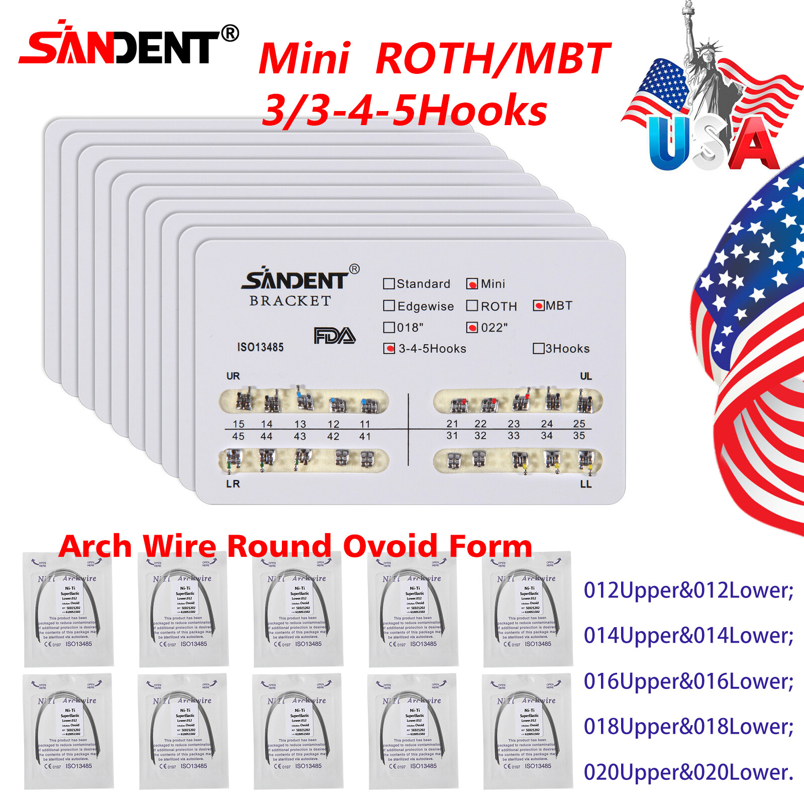 10 packs Dental Ortho Arch Wires Roth/MBT 3/345Hooks Metal Bracket Braces
