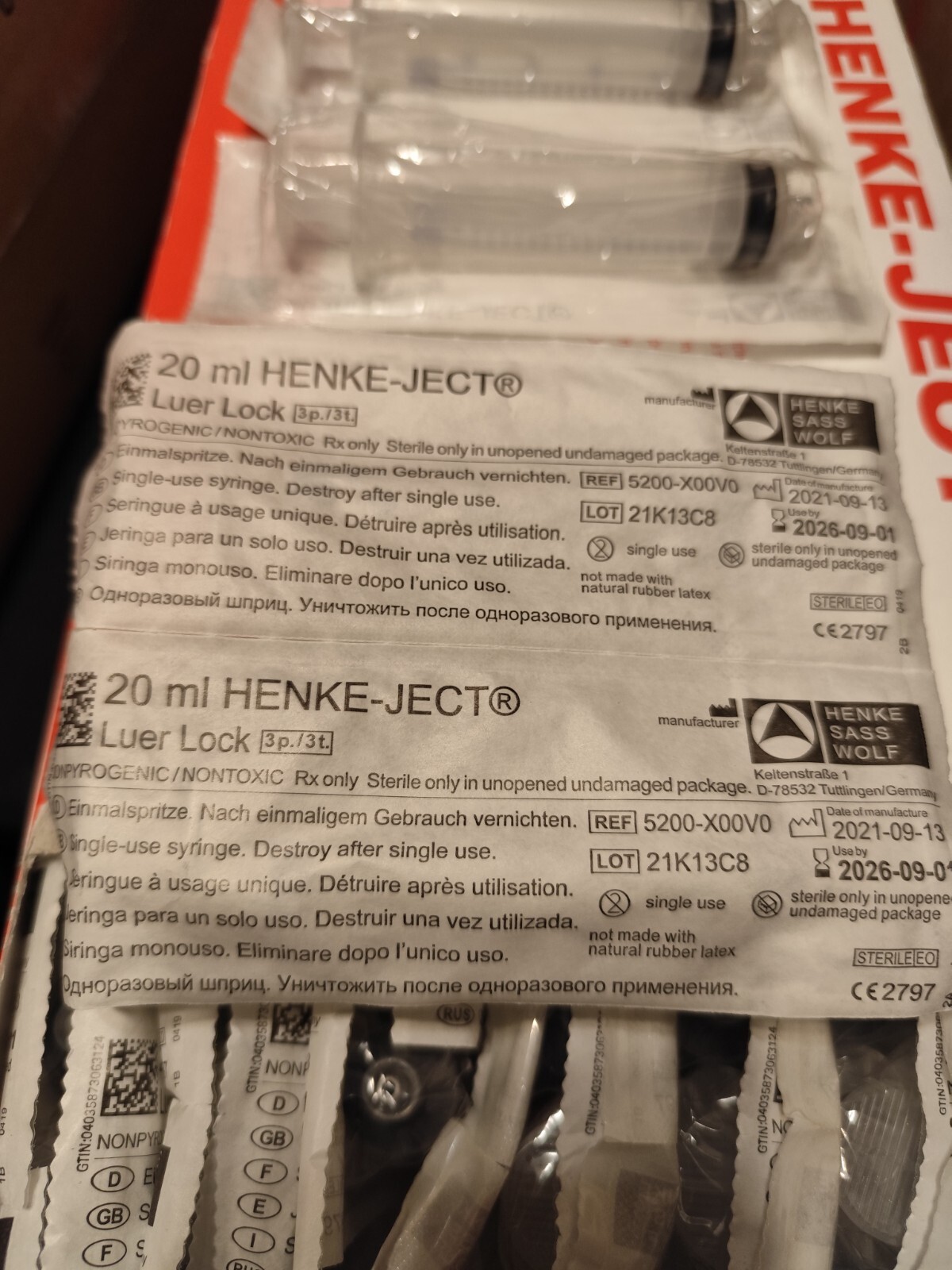 5/10/20/50 pack 20 ml Luer Lock syringes without needle indiv.wrapped sterile