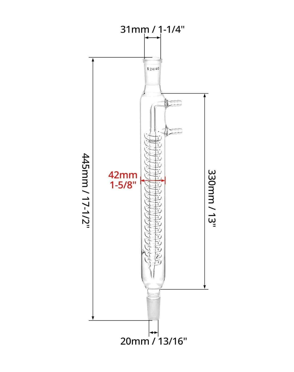 Glass Reflux Condenser 24/40 Borosilicate Coil 175mm 390mm Organic Chem Lab Uses