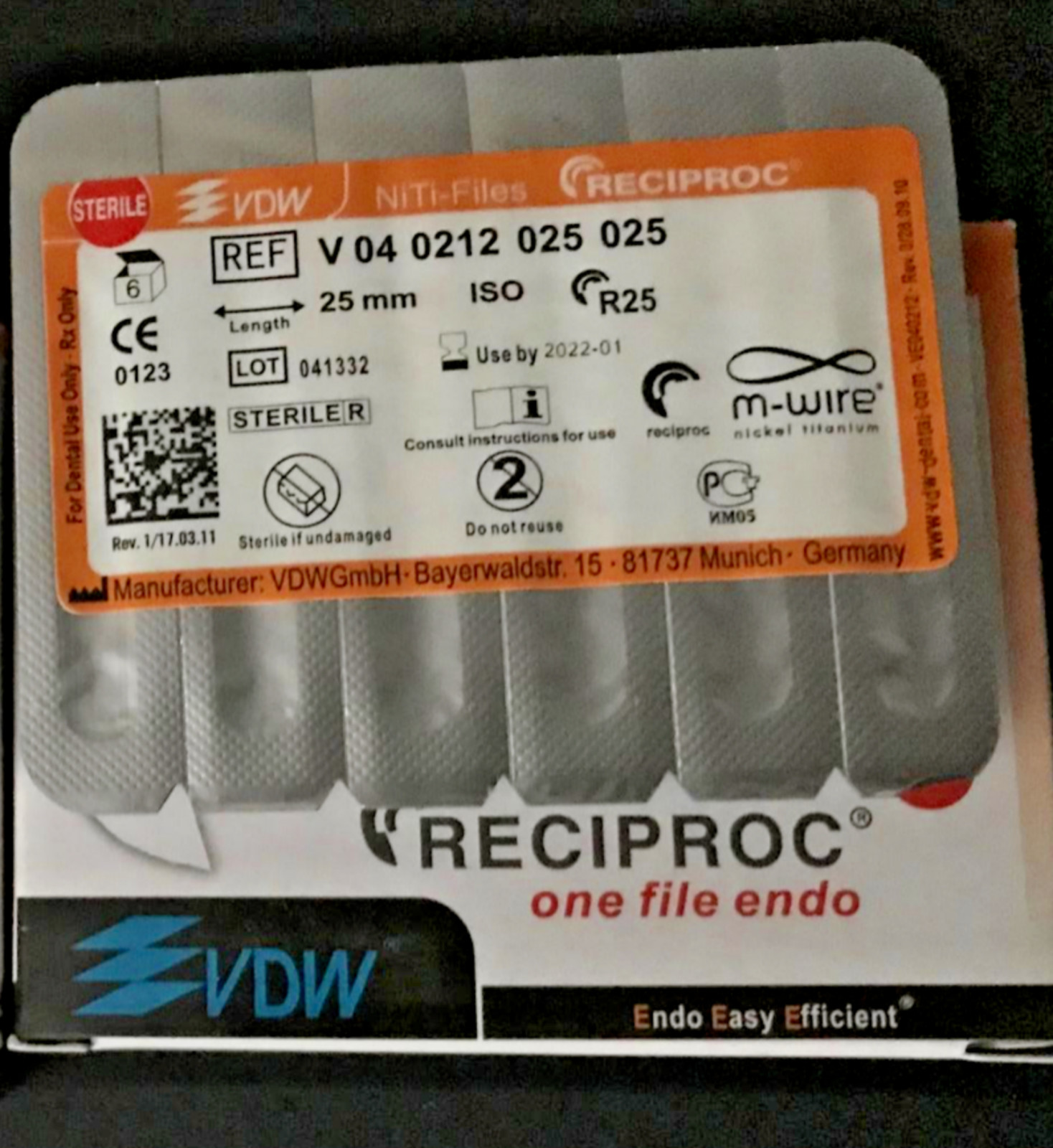 VDW RECIPROC File Endo M-WIRE 25mm R25 Lot 6pcs Lot 5 Packs
