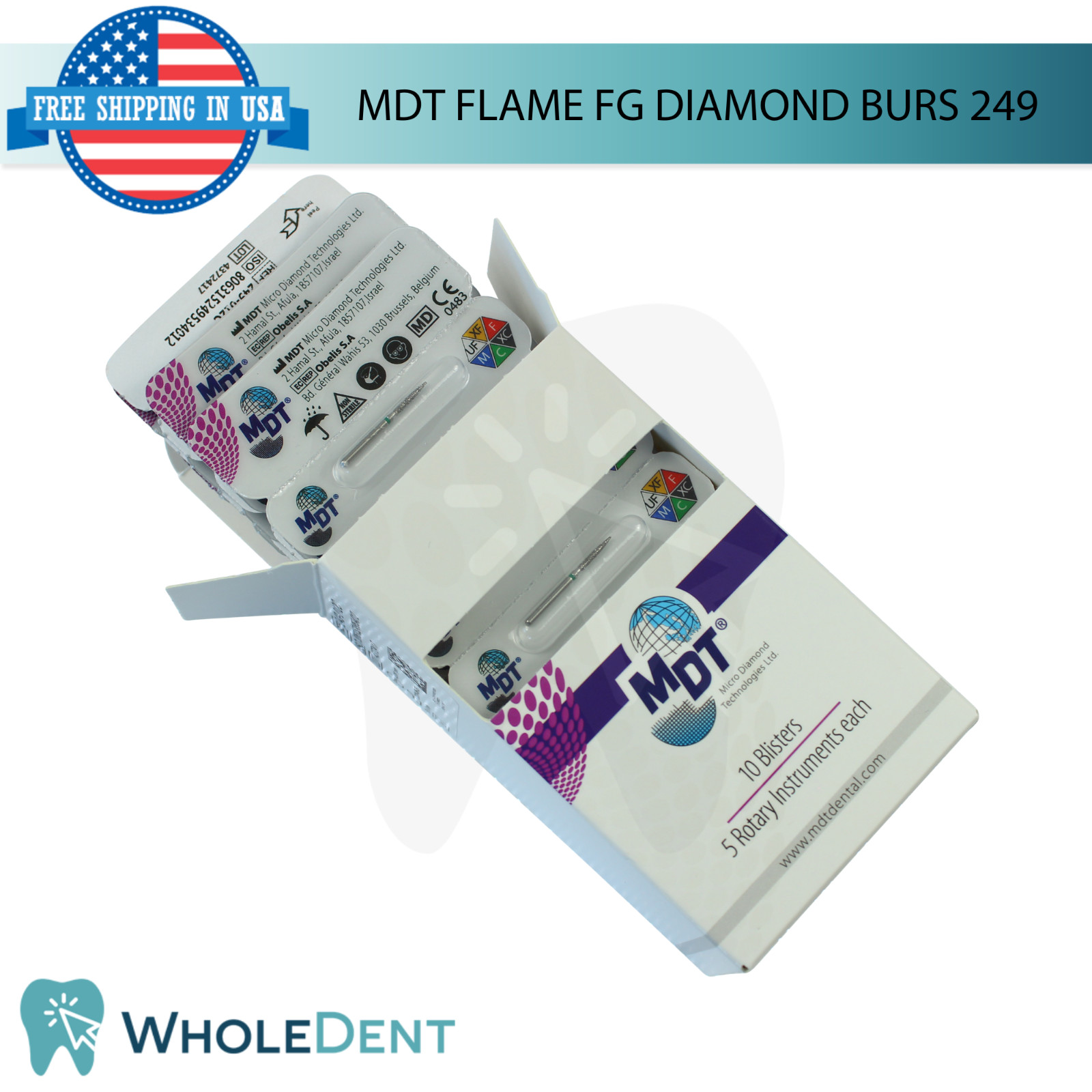 Dental MDT Flame 249 FG Diamond Burs Slender L22.0mm Smooth Polished Finish