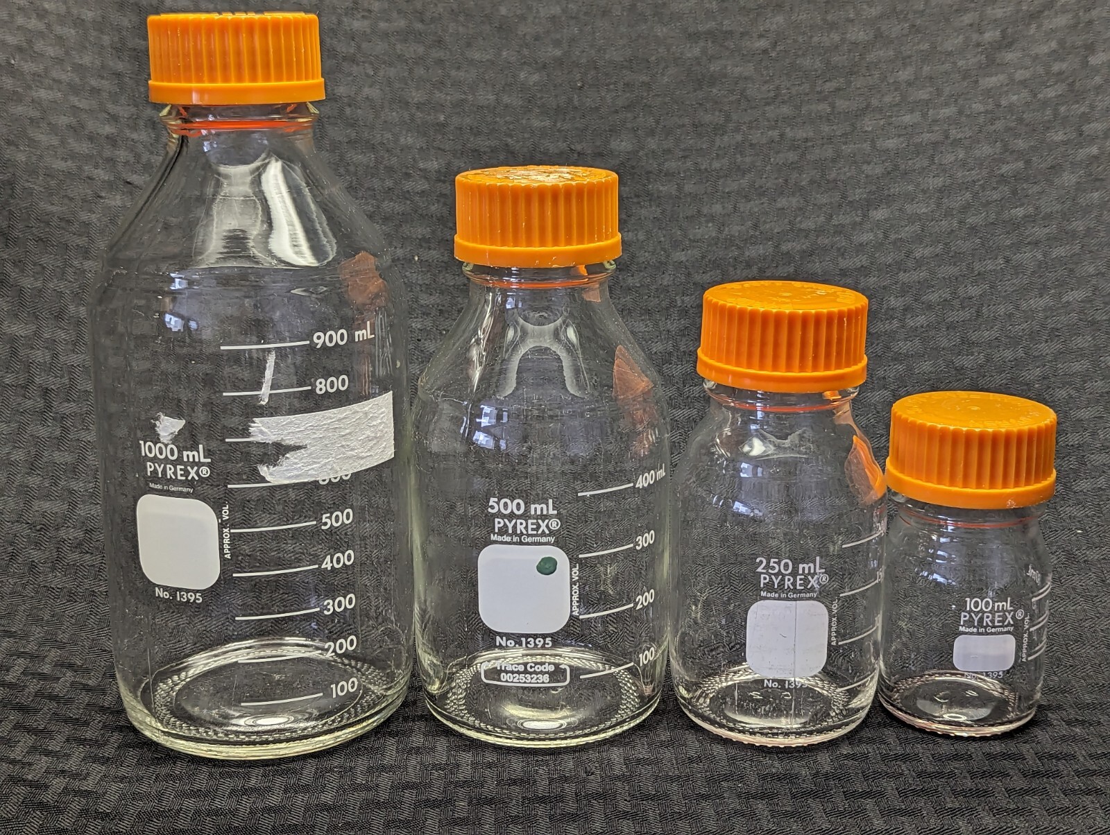(4/pk) Lab Glass GL-45 100mL, 250mL, 500mL, 1000mL Reagent Media Storage Bottles