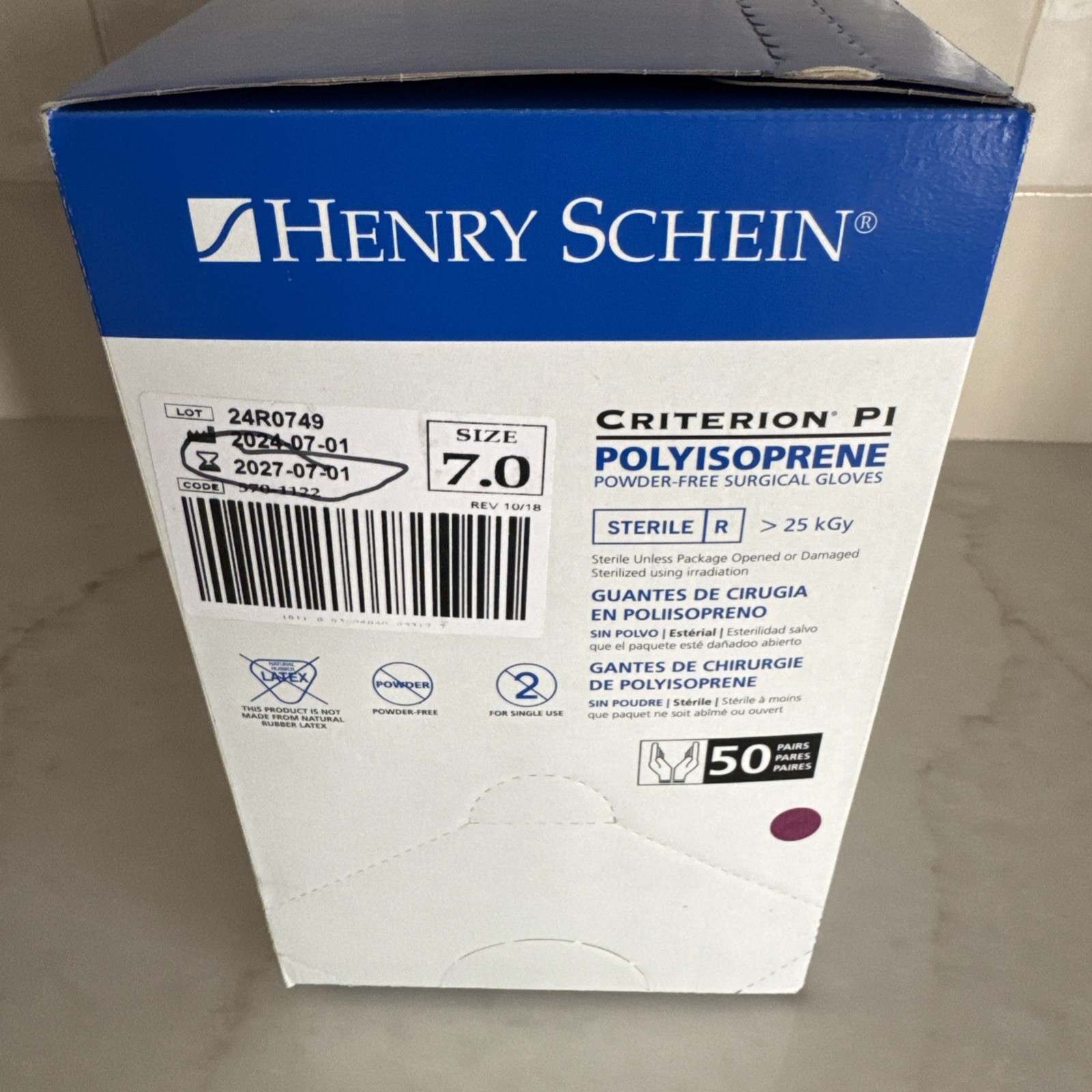 1 Box Of 50 Criterion PI Polyisoprene Powder Free Sterile Surgical Gloves Size7