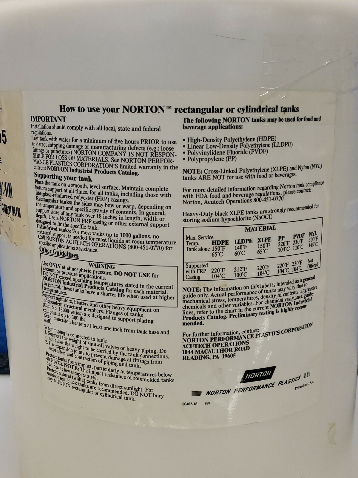 NORTON PERFORMANCE PLASTIC 11100-0005 5 GALLON 18 LITER CYLINDRICAL TANK HDPE