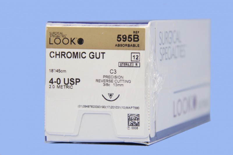 Look 595B Chromic Gut Absorbable Reverse Cut Sutures C3 3/8 Circle 4-0 18″ 12/Bx