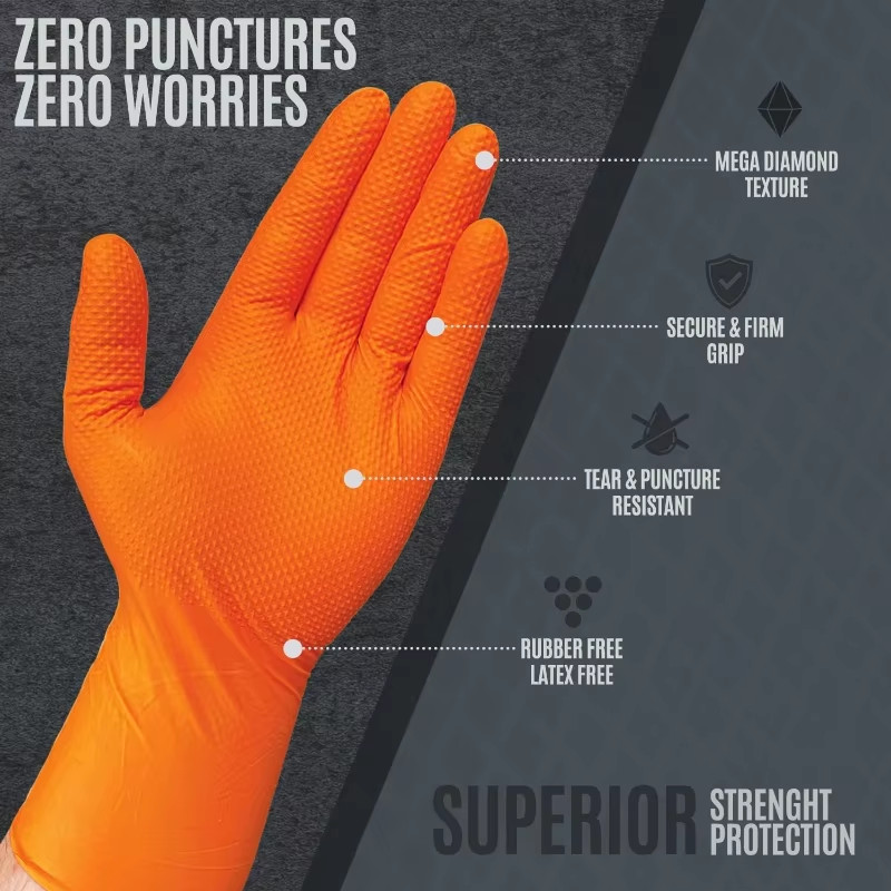 8 Mil Heavy Duty Industrial Orange Disposable Nitrile Gloves Diamond Textured Te
