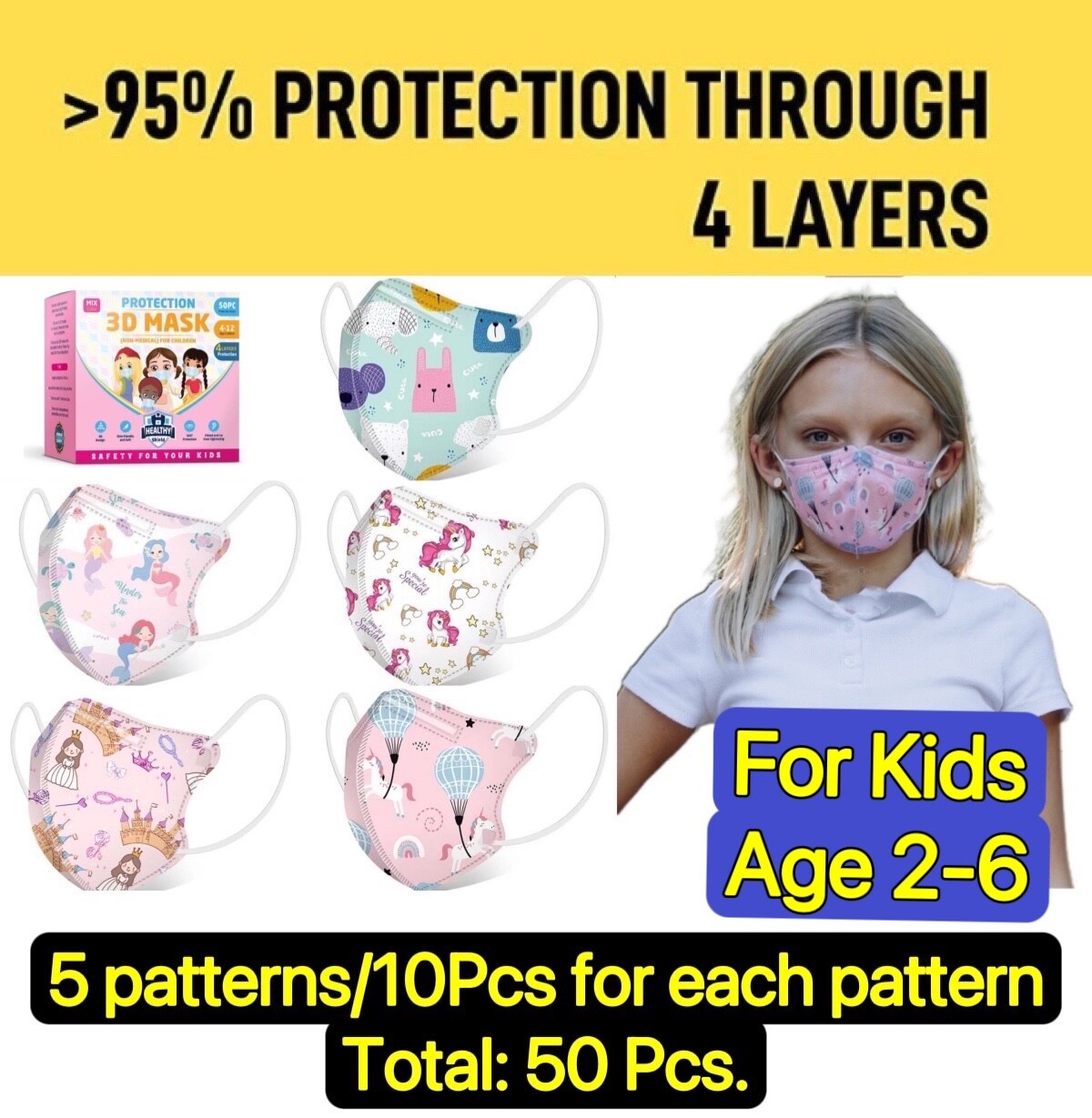 50Pcs Cartoon 3D Kids BFE 95% Protective 4 Layer Face Mask Disposable Respirator