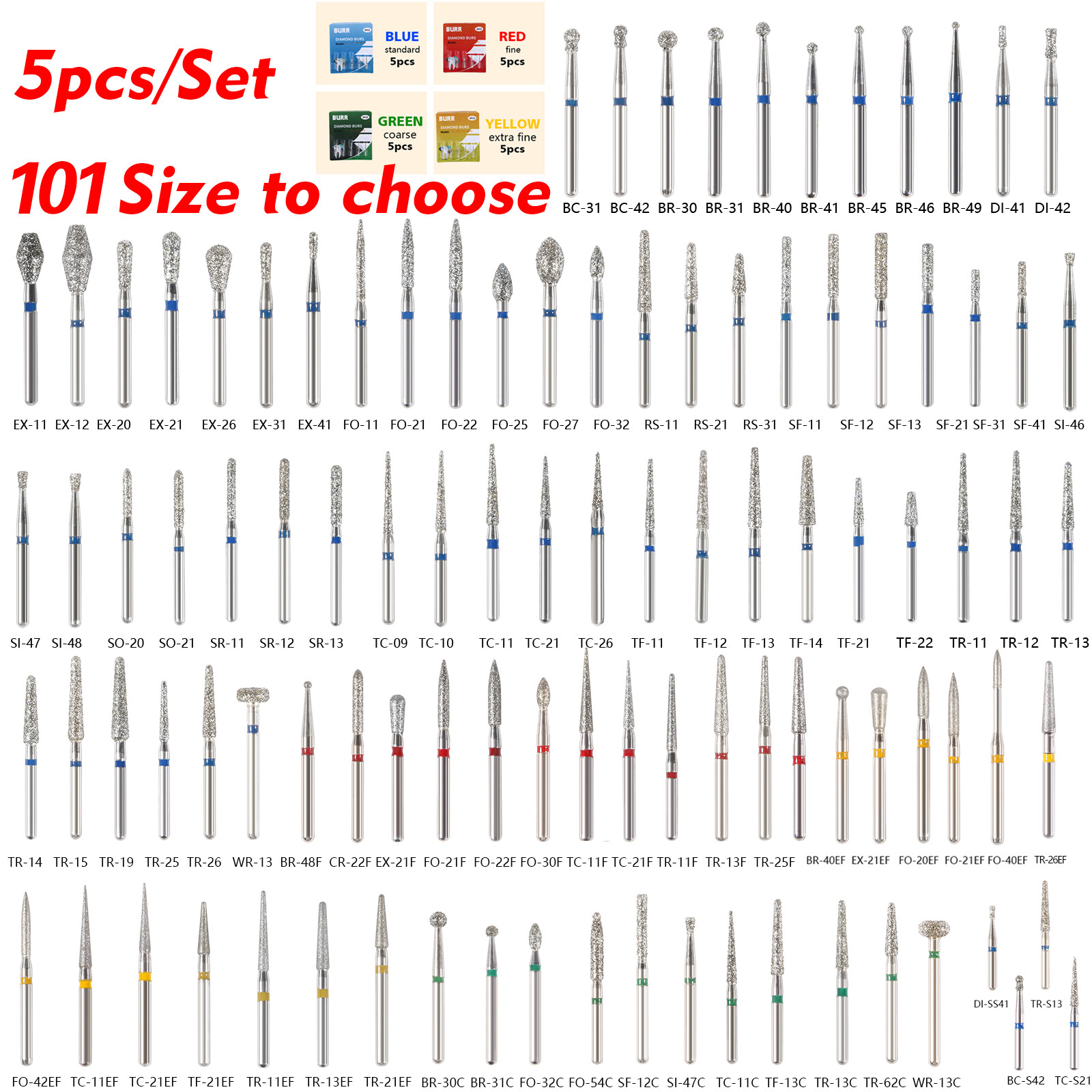100Size Dental Diamond Burs FG High Speed Handpiece Friction Grip 5Pcs/Box DL
