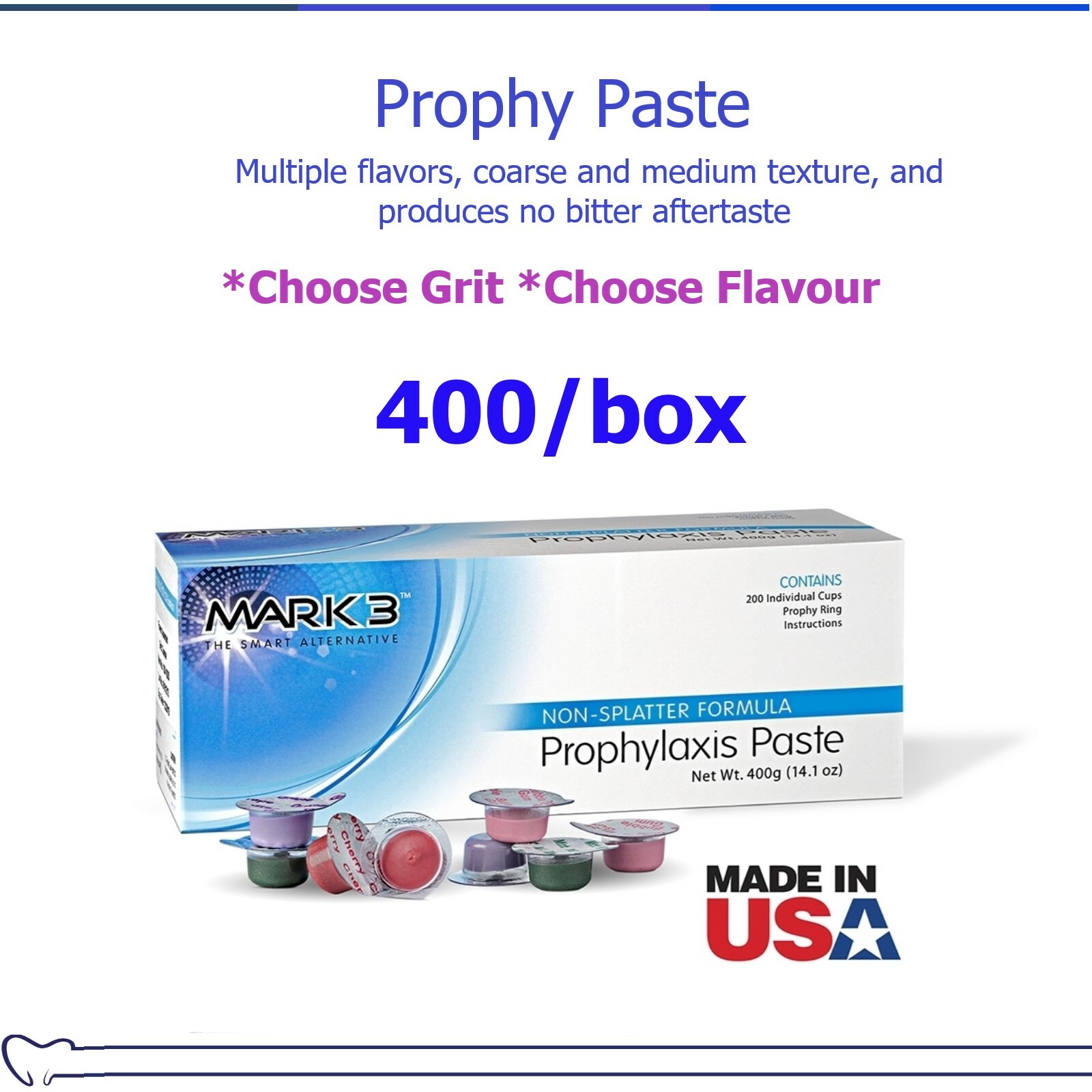 Dental Prophy Paste 400 cups Prophylaxis Non Splatter Mark3 – Choose GRIT FLAVOR