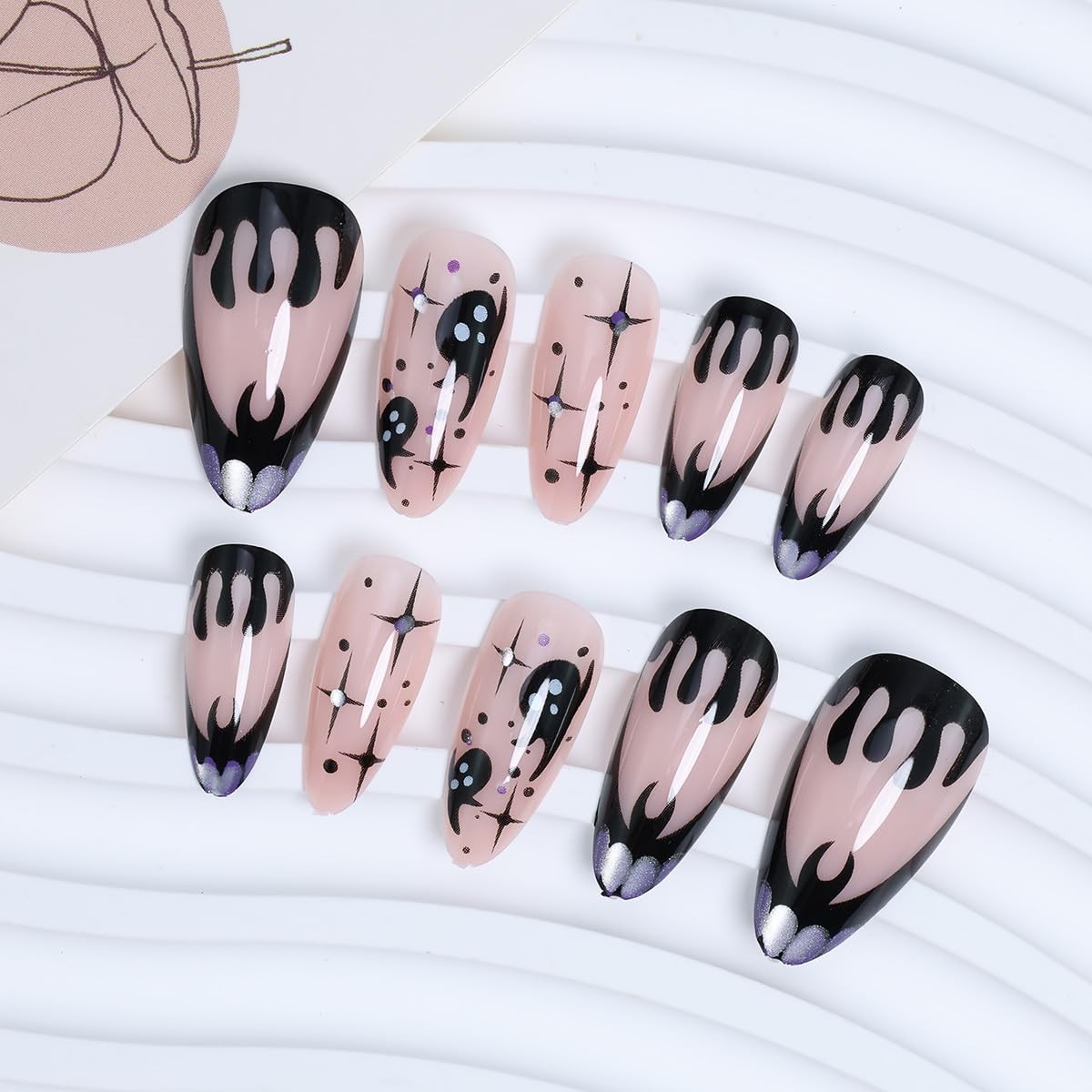 24pc Halloween Black Ghost Press-On Nails Medium Almond Fake Nails