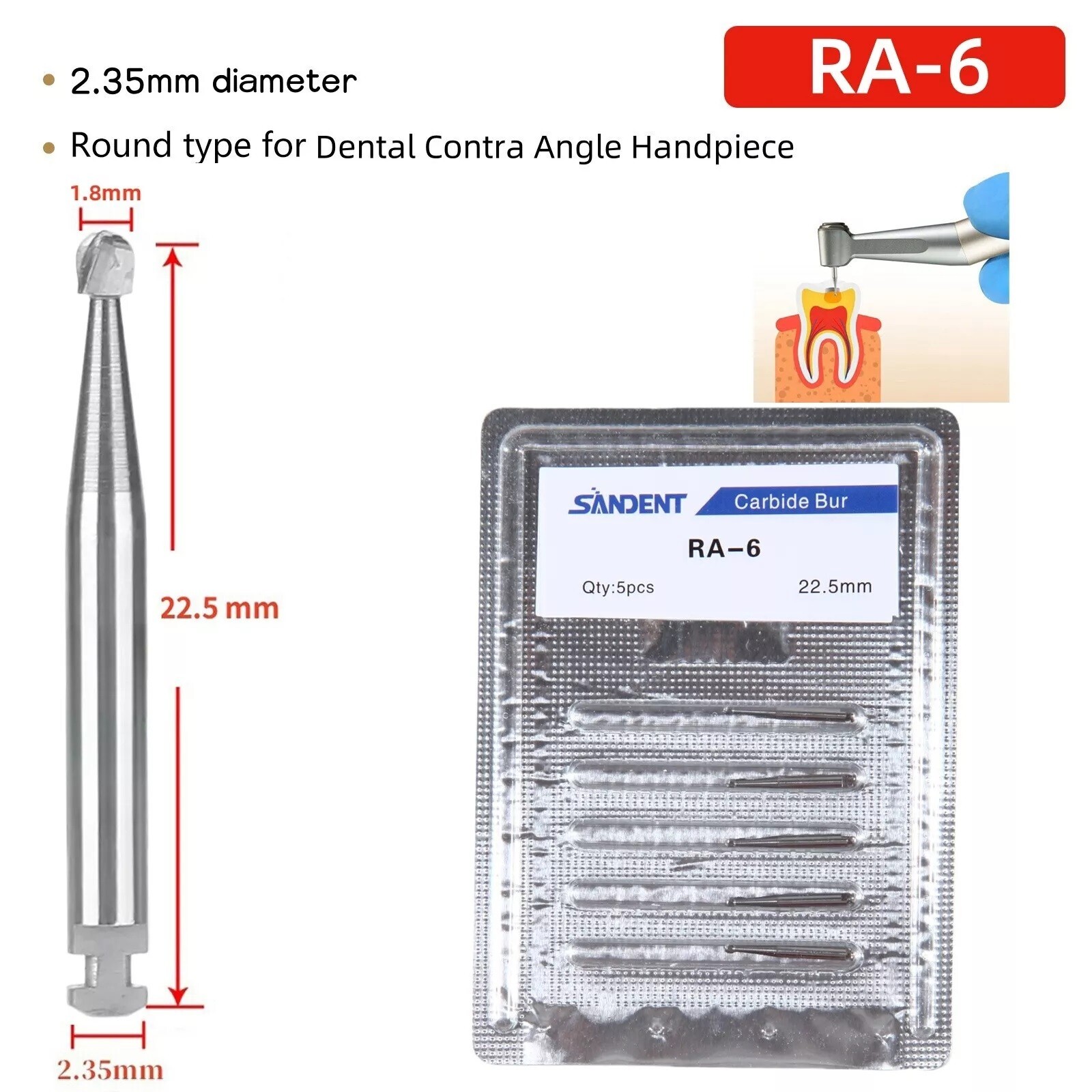 5 Pcs/Pack Dental 22.5mm Round Carbide Bur Slow Speed Latch Type RA6 Burs USA