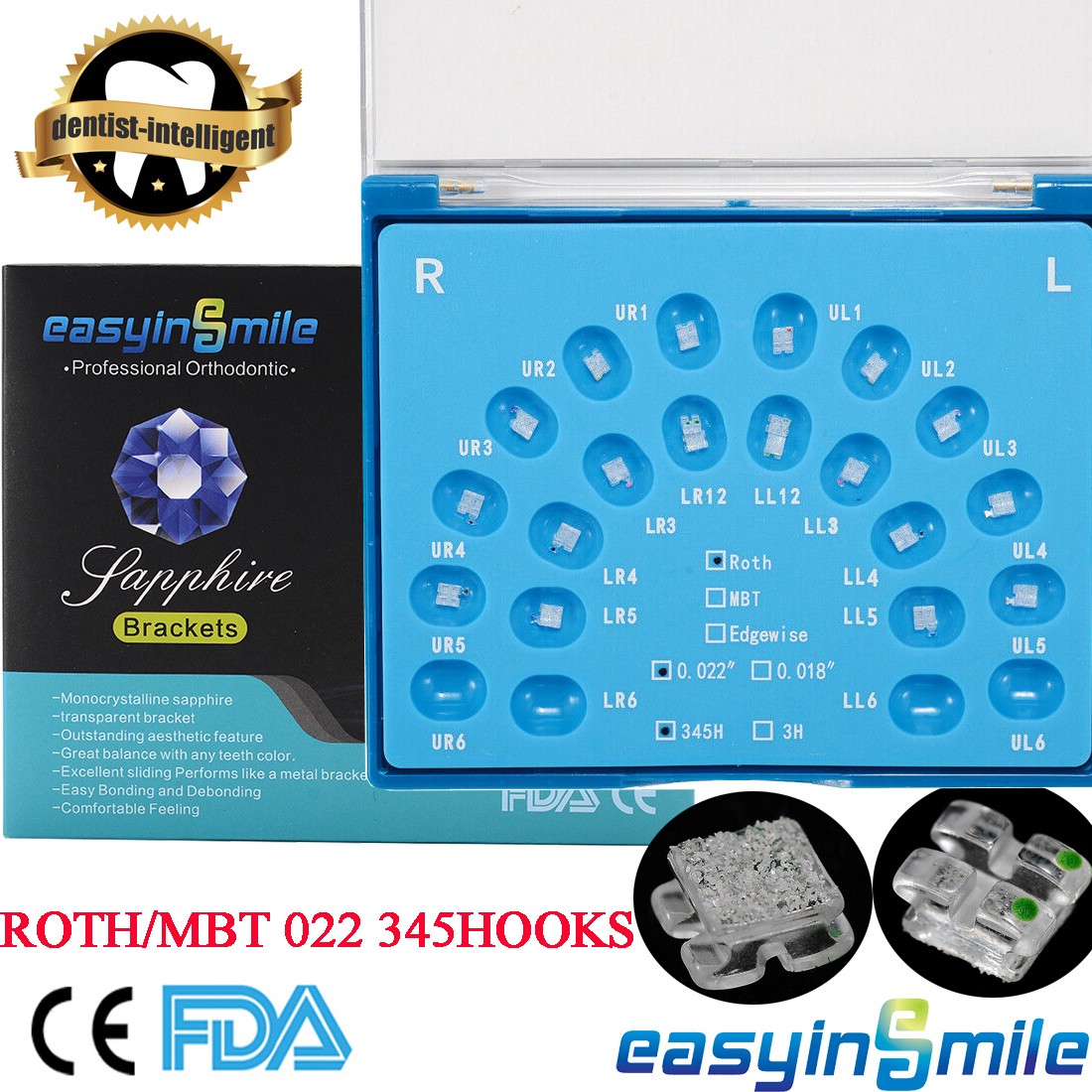 Dental Ortho Bracket Braces Ceramic Sapphire Clear Mini Braces Roth MBT.022 Hook
