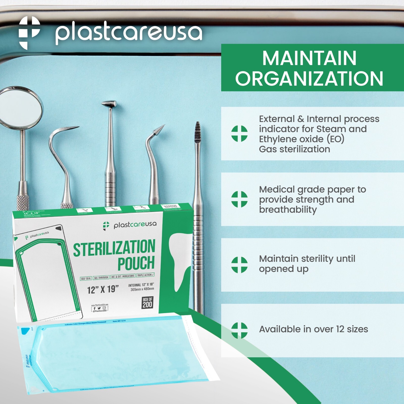 12″ x 19″ Self-Sealing Sterilization Pouches for Autoclave (1 Box of 200)