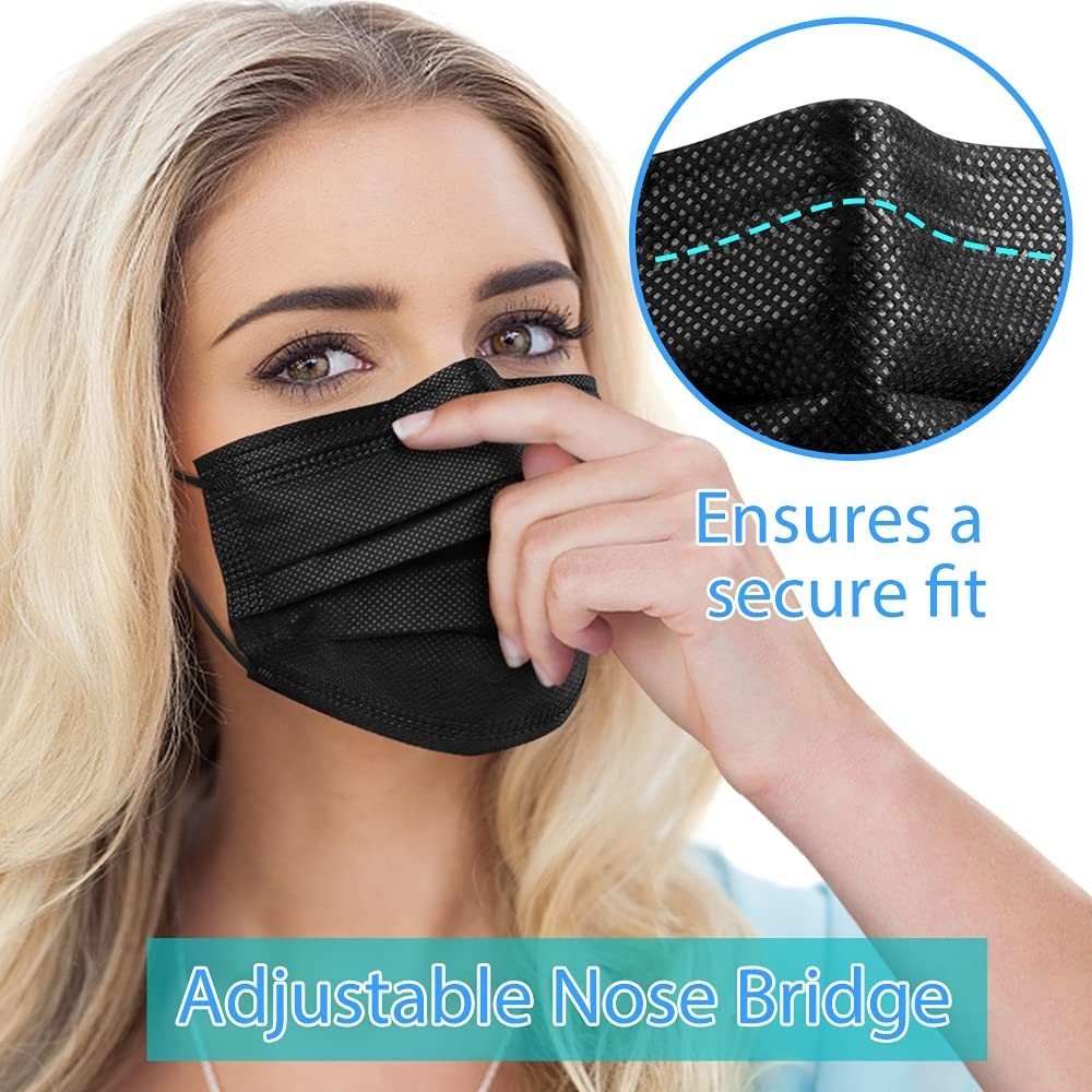Soft Breathable Black Face Masks, 3-Ply Design, 100 Pack for Everyday Safety