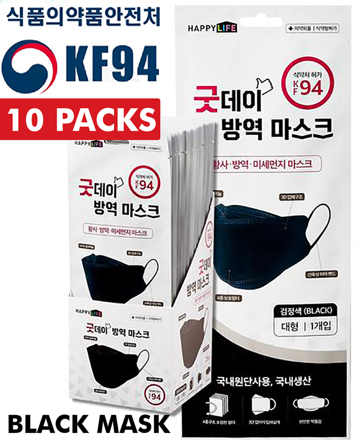 Happylife KF94 BLACK Korean Face Mask Made in Korea Medical Respirators Goodday