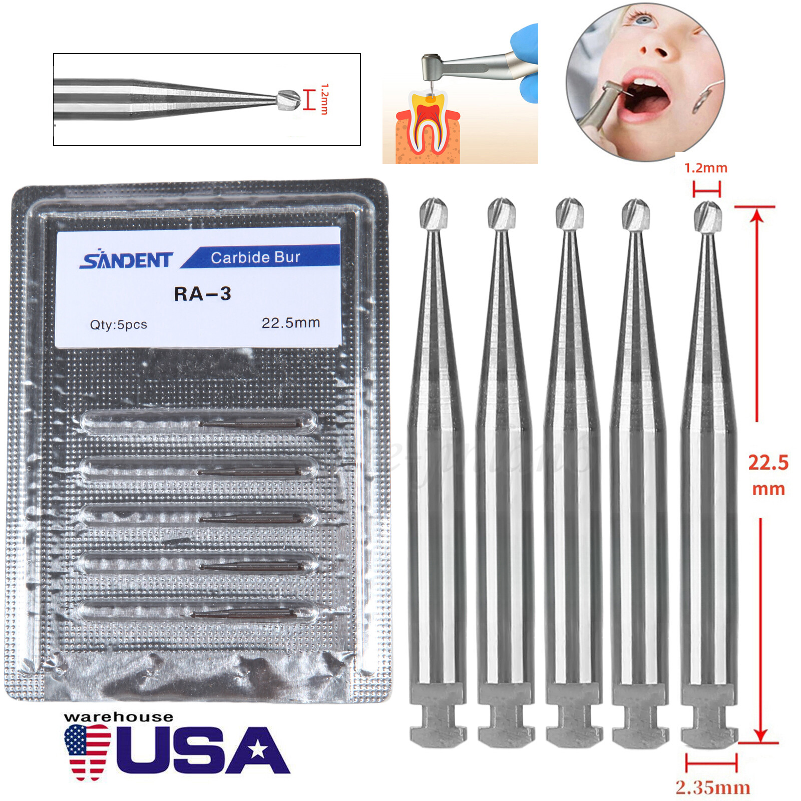 5 Pcs/Pack Dental 22.5mm Round Carbide Bur Slow Speed Latch Type RA3 Burs USA