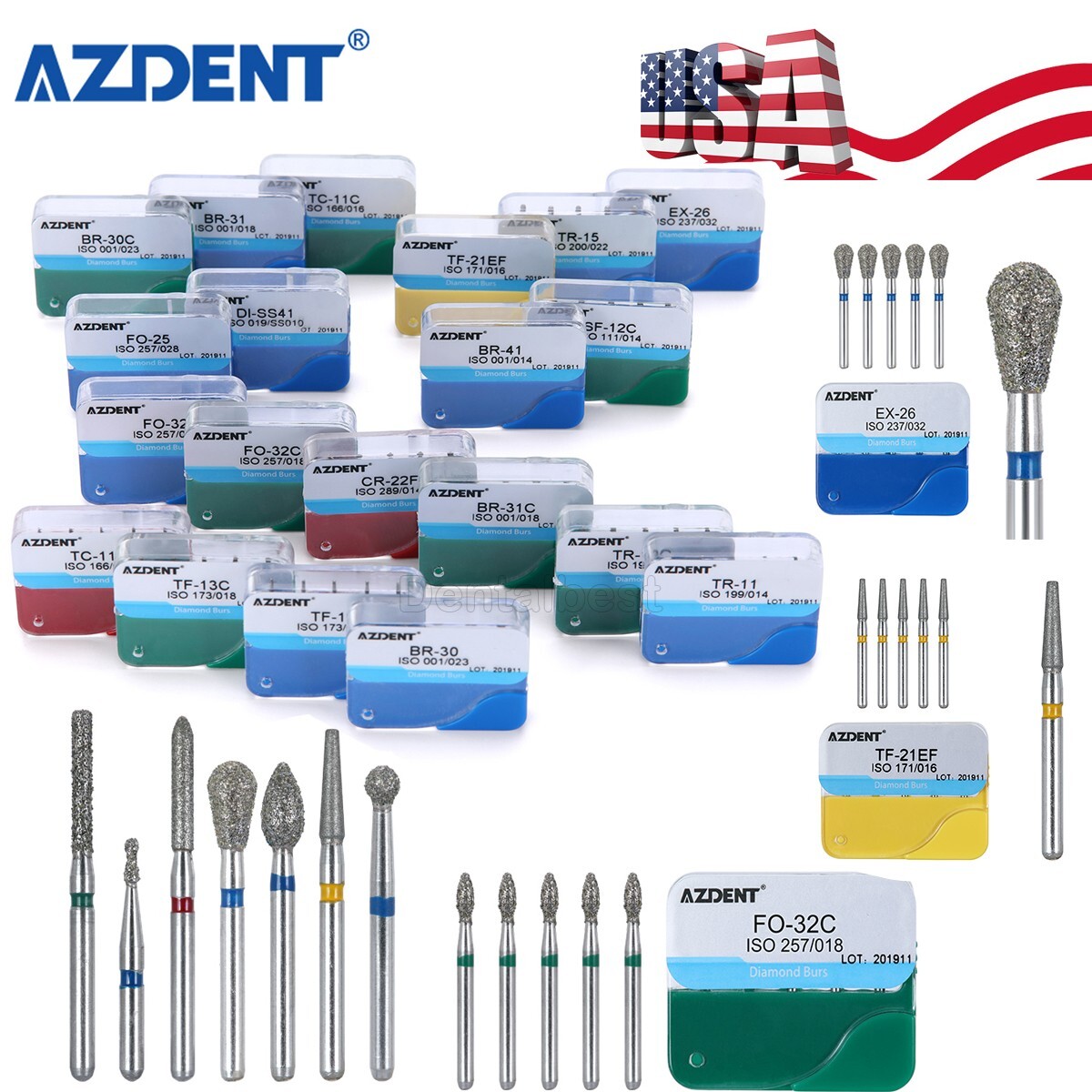 200pcs AZDENT Dental Diamond Burs Medium FG 1.6MM F High Speed Handpiece 20Types