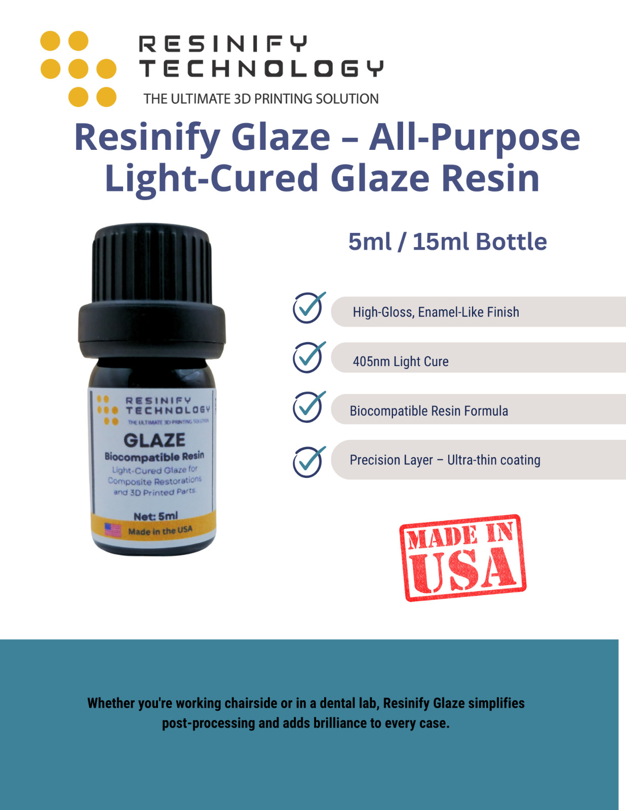 Resinify Glaze – All-Purpose Light-Cured Dental Glaze Resin | 5ml / 15ml Bottle