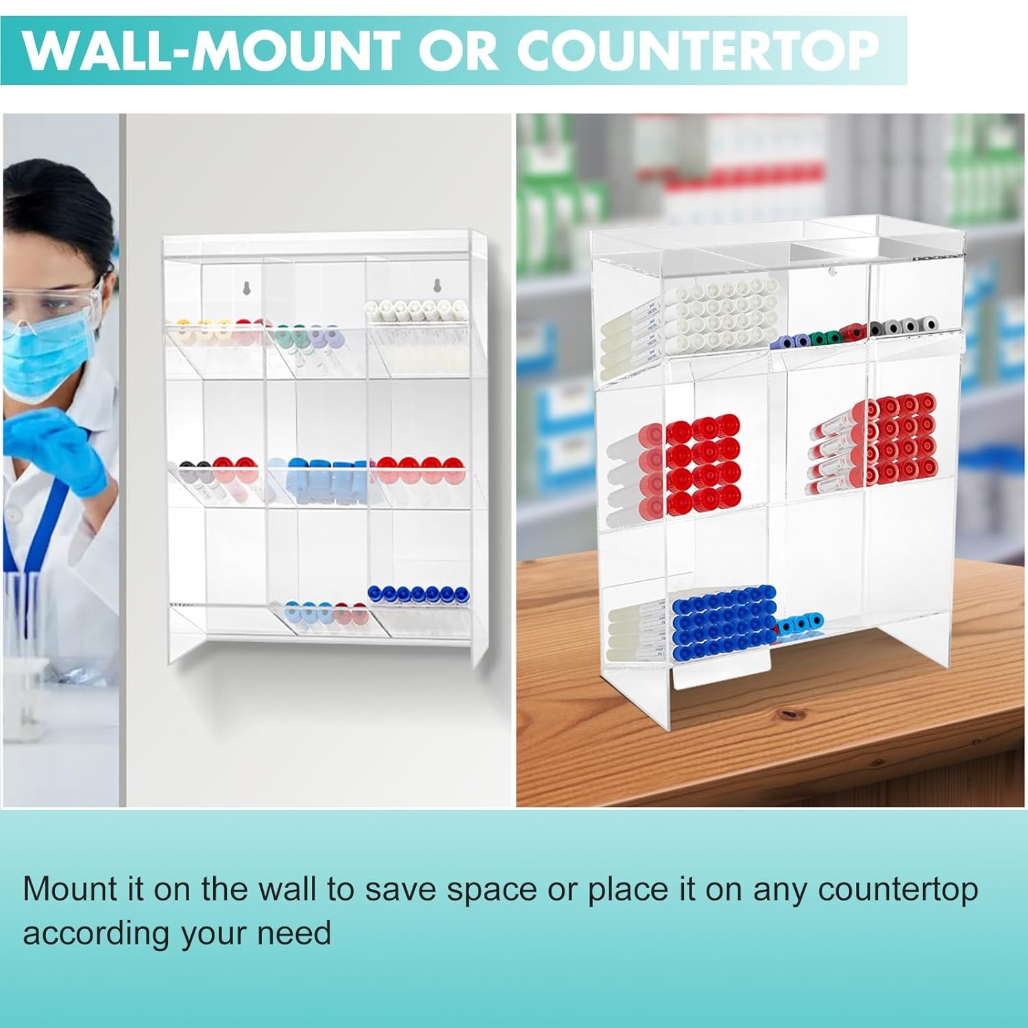 Clear Acrylic Test Tube Holder Wall Mounting & Countertop Tube Organizer