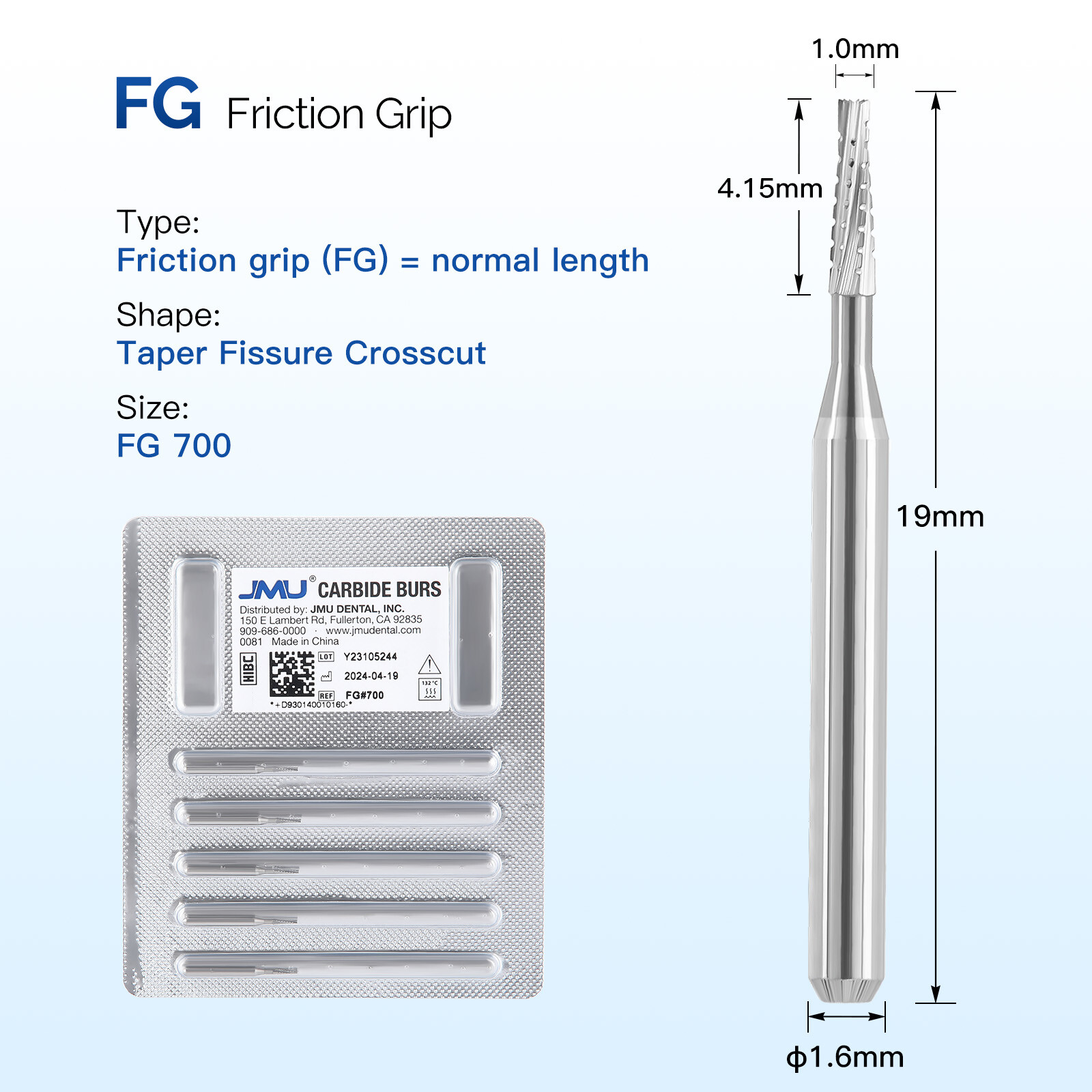 JMU Dental Carbide Burs FG Taper Fissure Crosscut 5pcs/pk
