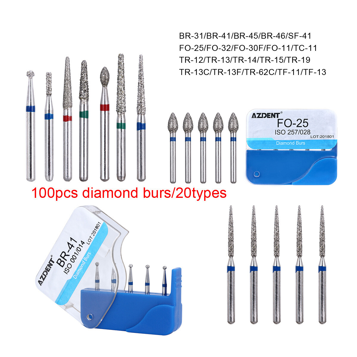 20 Types AZDENT Dental Diamond Burs For High Speed Handpiece Friction Grip 1.6mm