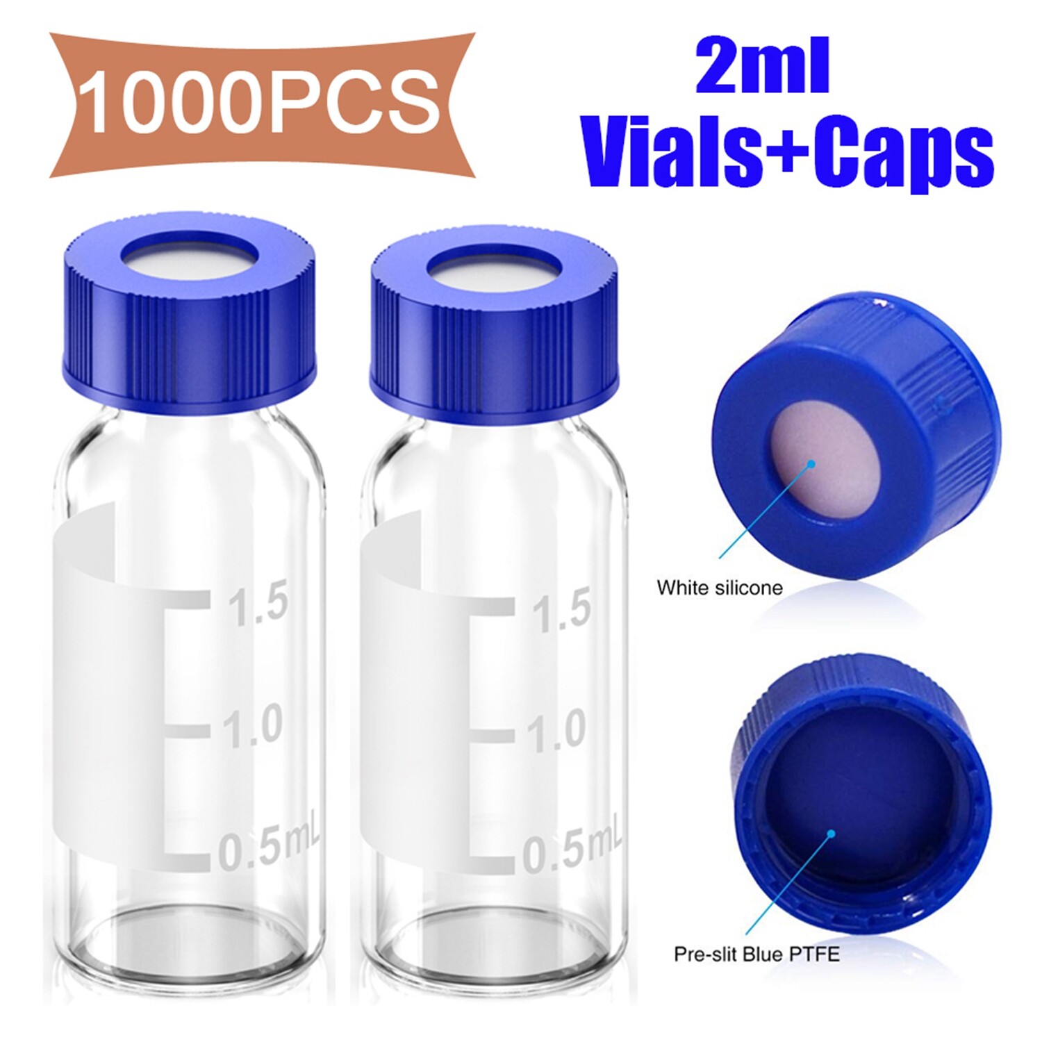 1000pcs 2ml Sample Vials+Screw Caps Clear Glass Bottles 9-425 HPLC GC PTFE 9mm