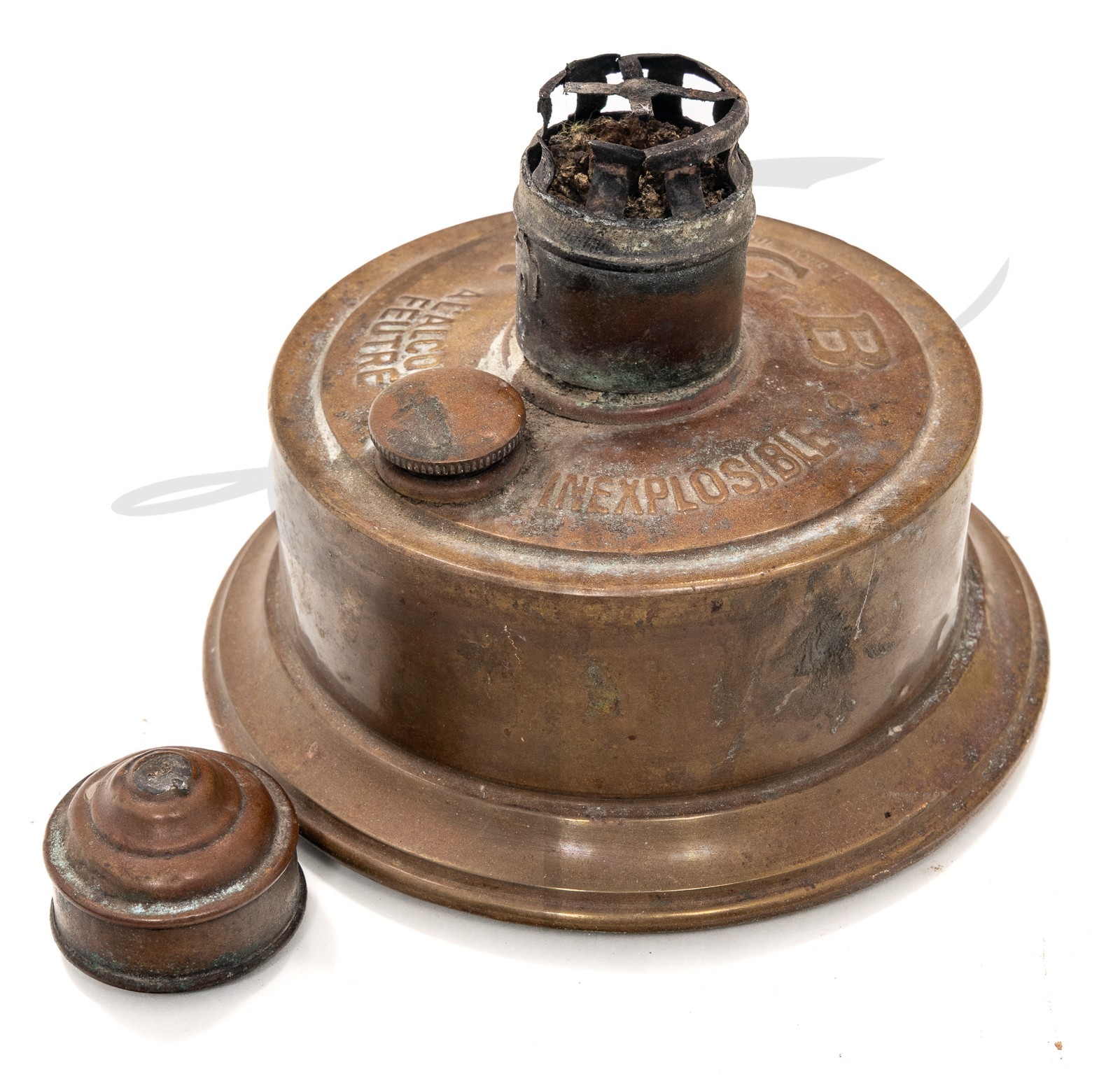 ANTIQUE ALALCOUL FEUTRE ALCOHOL LAMP C.G.B. FRANCE INEXPOLOSIBLE SAFE BRONZE