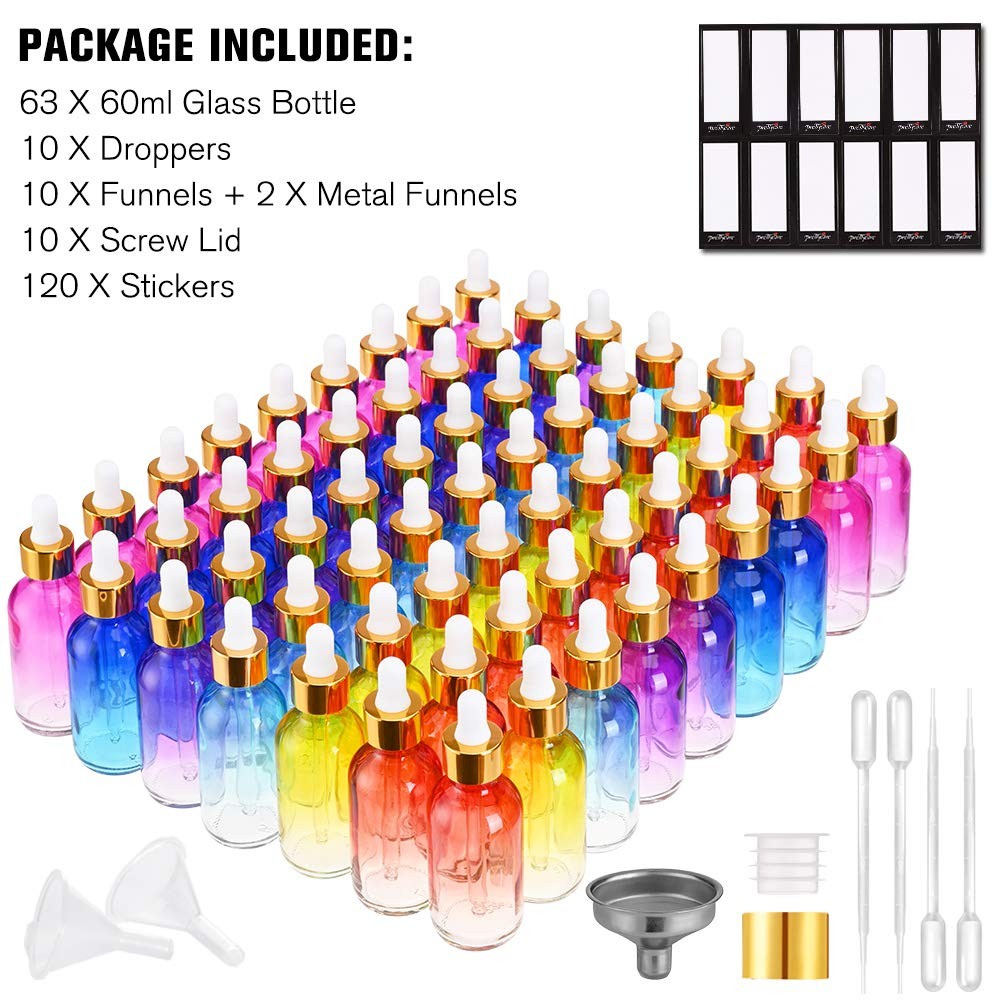 PrettyCare 63x 2oz (60ml) Rainbow Glass Eye Dropper Bottles – Thick Empty Leakpr