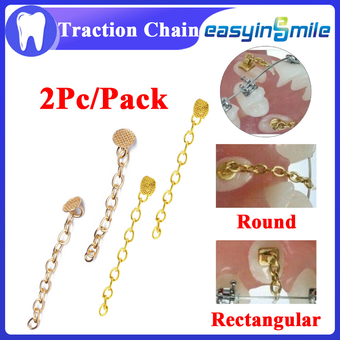 Dental Ortho Traction Chain Buttons with Chain Gold Plated Round/Rectangular 2pc