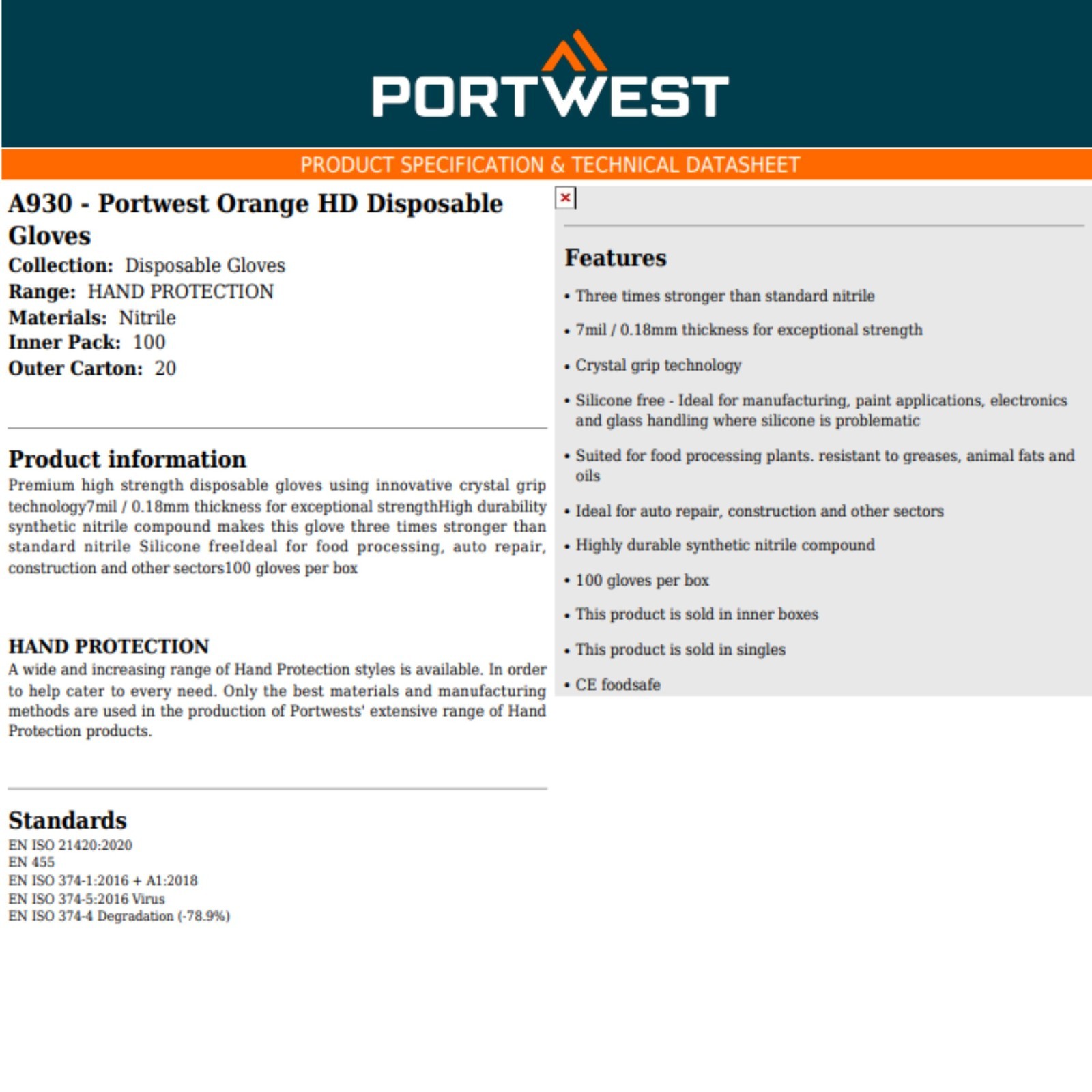 A930 – Portwest Orange HD Disposable Gloves Black/Orange Nitrile