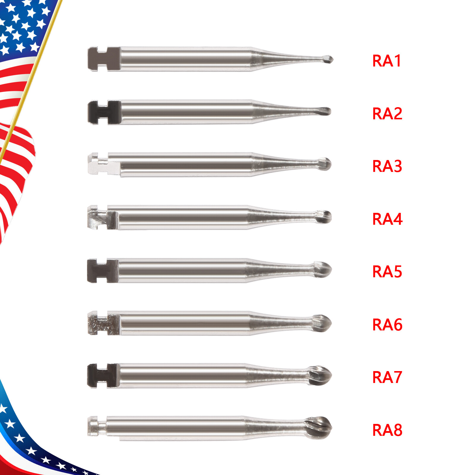 Dental RA Round Carbide Bur for Slow Speed Latch Type RA 1# – 8# Burs 5 Pcs/Box