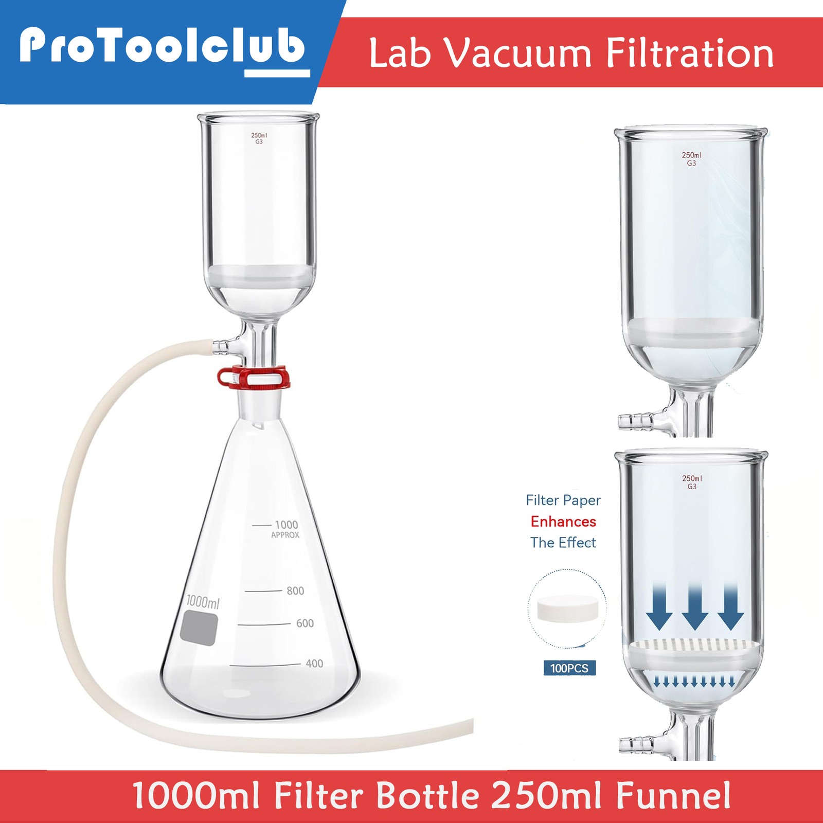 1000ml Lab Vacuum Filtration Glass Flask Kit with 250ml Filtering Funnel New