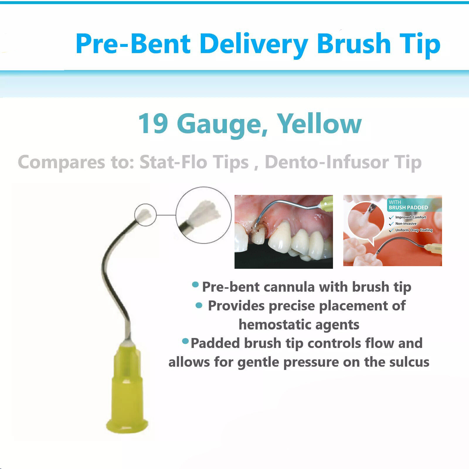 Dental Delivery Tip Prebent Metal Infusor Tip Brush Padded End #125 Yellow