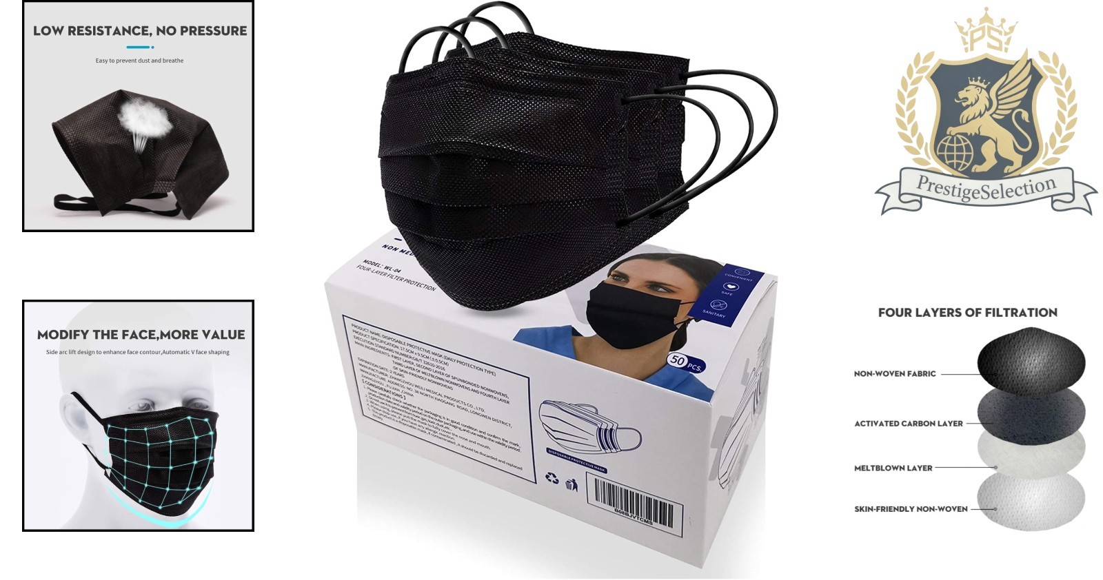 50 Pcs 4-Ply Black Disposable Face Masks – Comfortable & Reliable Protection