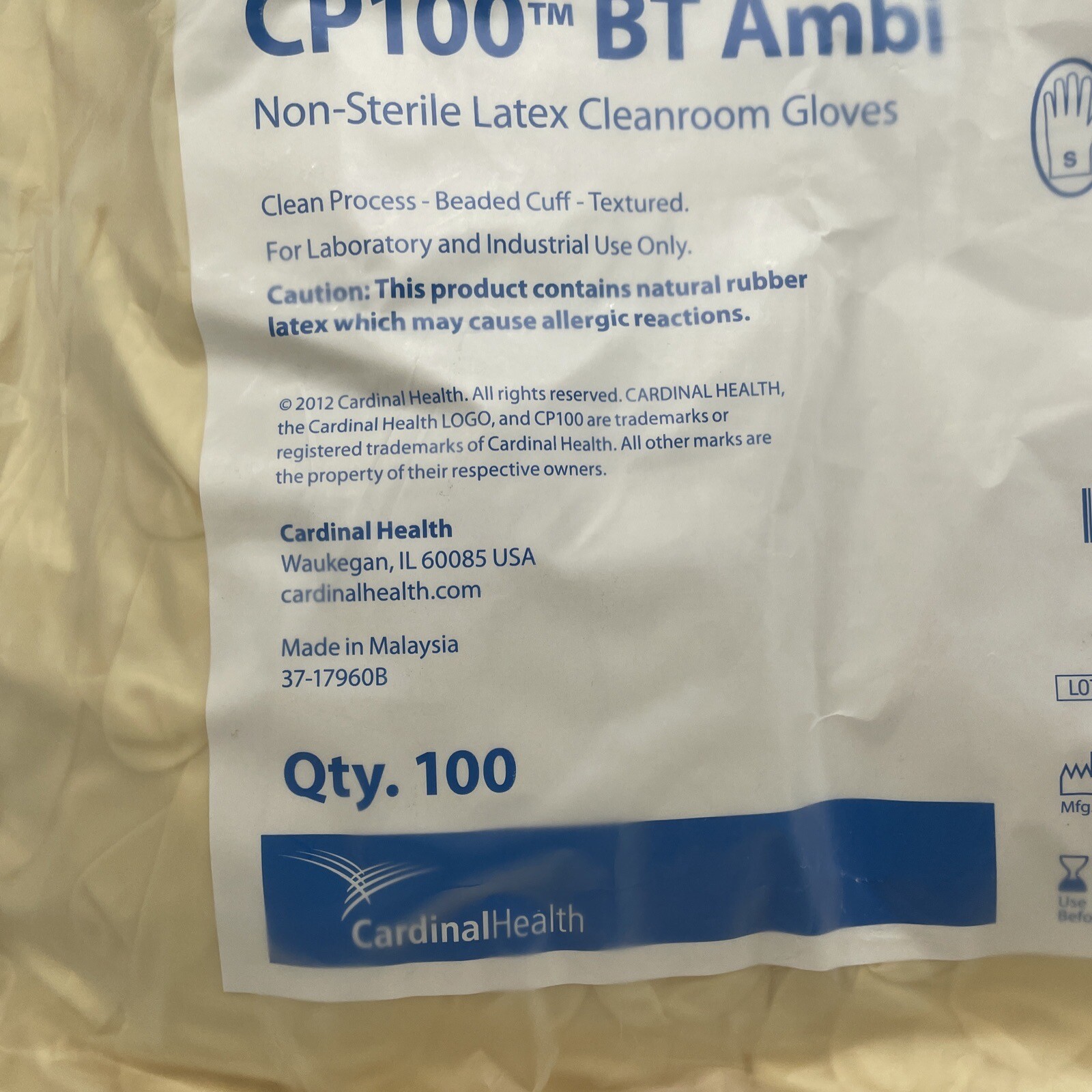 Cardinal Health CP100 Size S, Non-Sterile Latex Cleanroom Gloves 2Y1730 Qty 100
