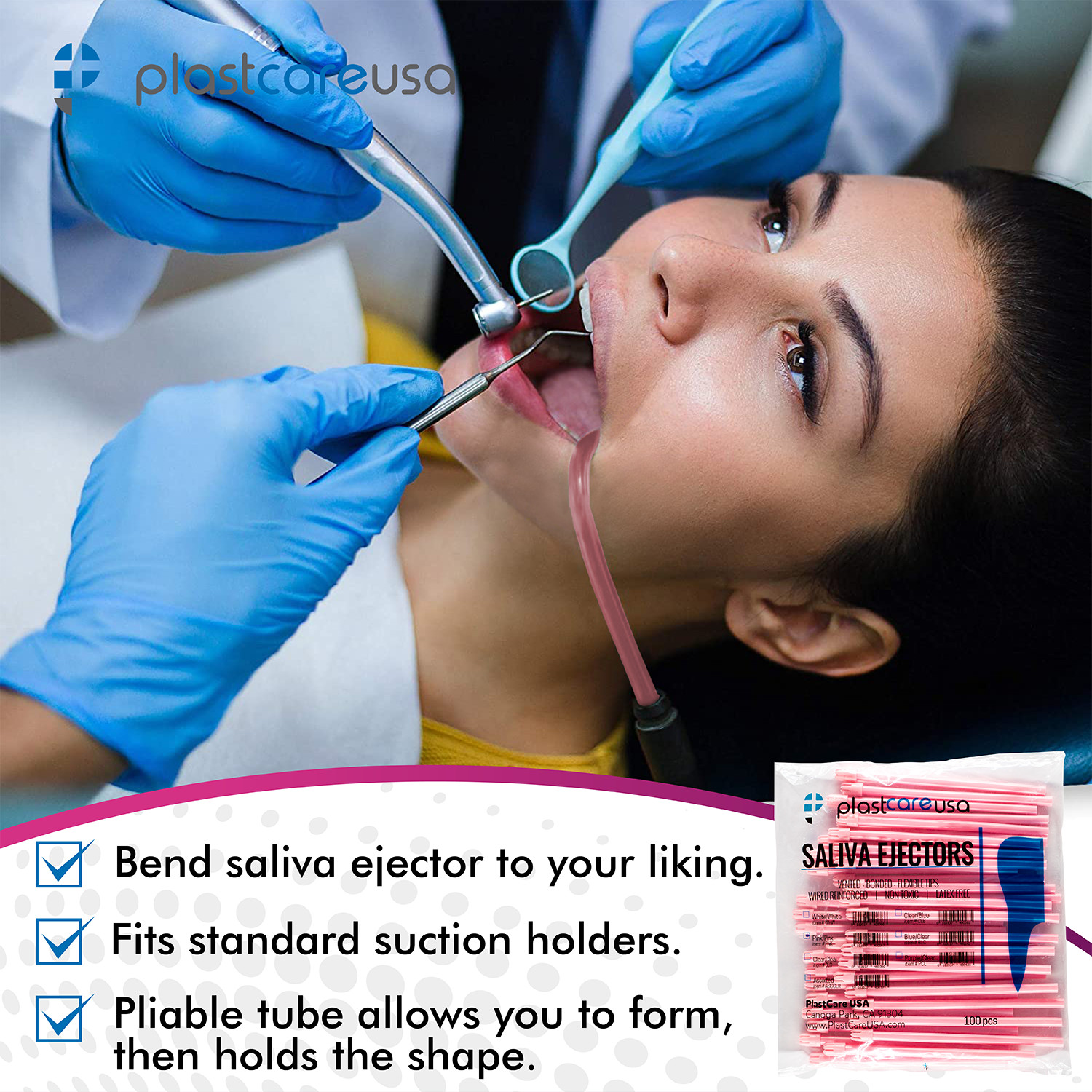 100 (1 Bag) Pink Dental Saliva Ejectors Ejector Disposable Suction Tips
