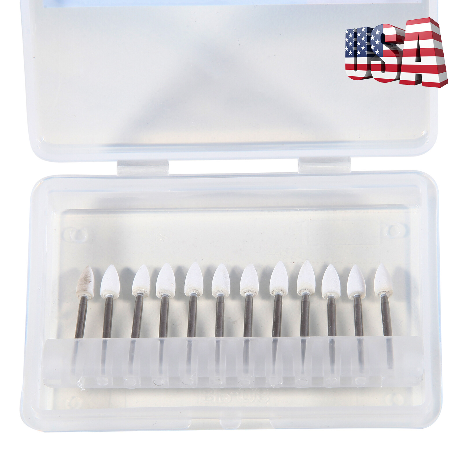 12*Dental Flame Mounted White Stone Polishing Burs FG Abrasion Point Polisher st