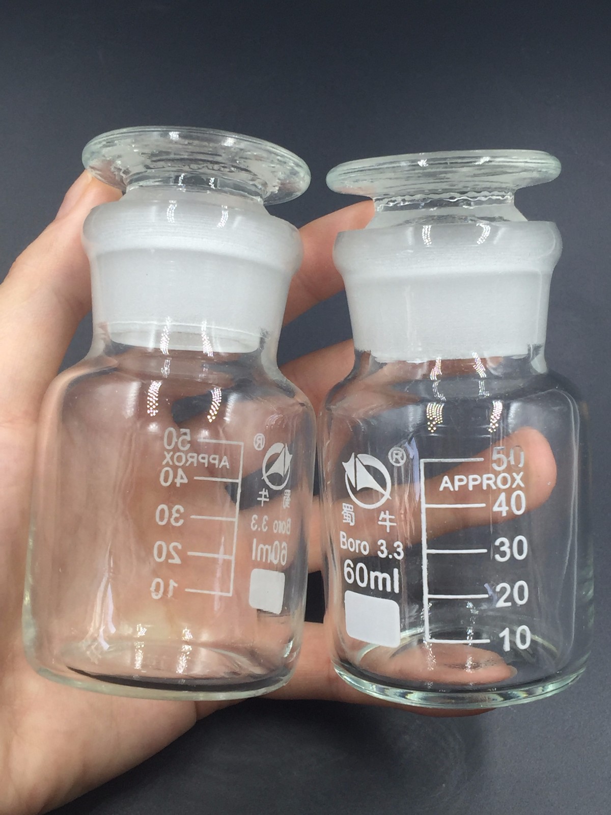 Glass lab reagent bottle wide mouth 60 ml 2 oz ，Ground Glass Stopper New