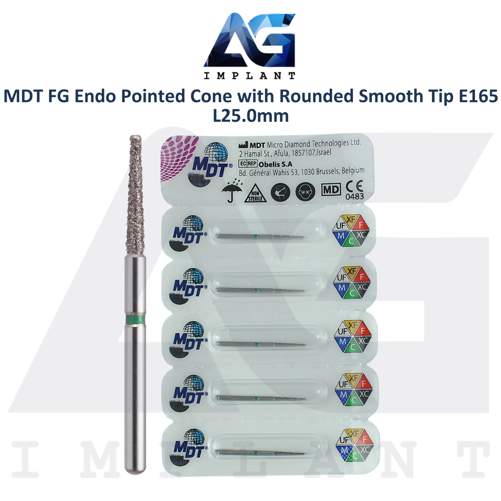 MDT Dental FG Diamond Coated Pointed Cone Bur Rounded Smooth Tip E165 L25.0mm