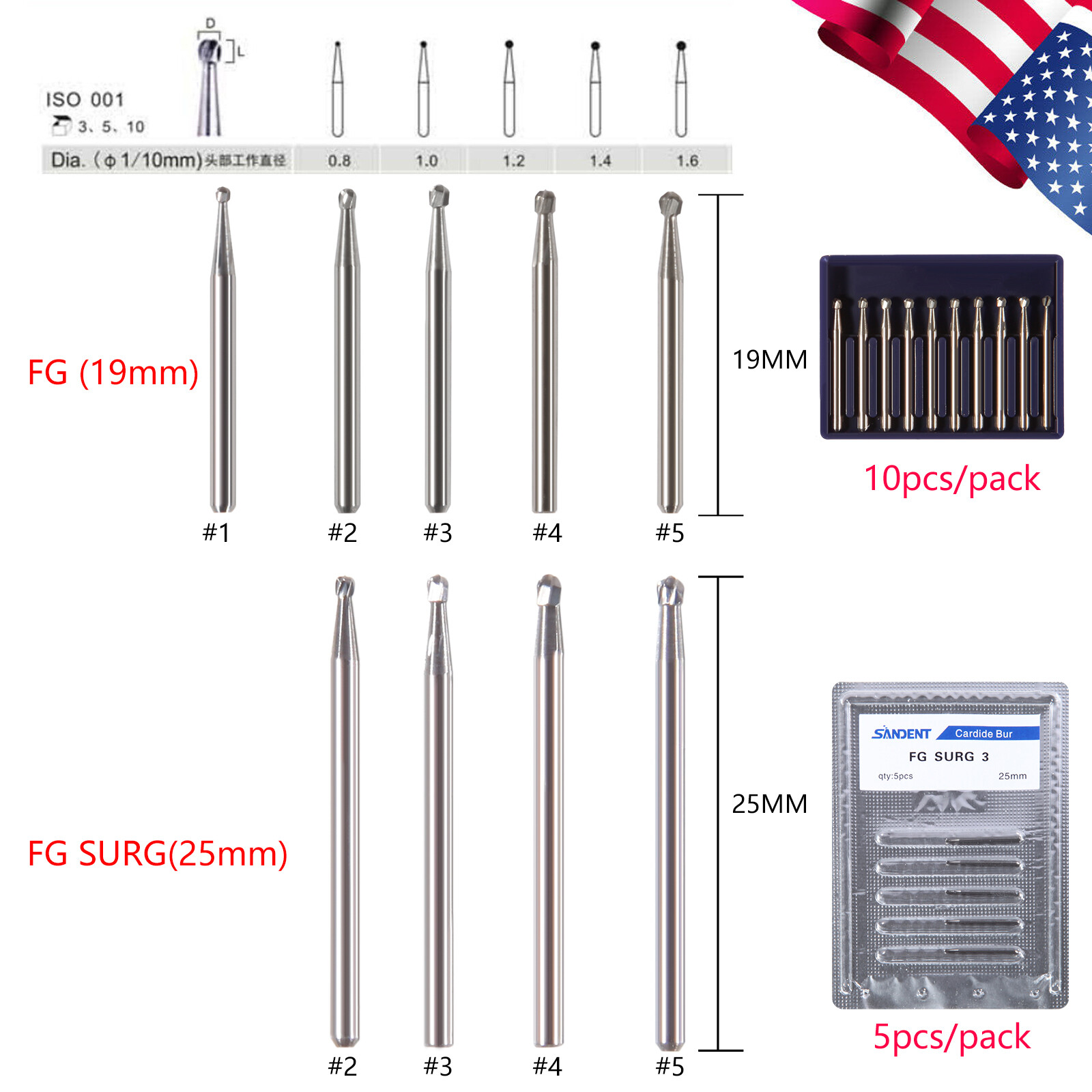 1-10 Packs Dental Tungsten Carbide Round Bur FG SURG 19mm/25mm High Speed po
