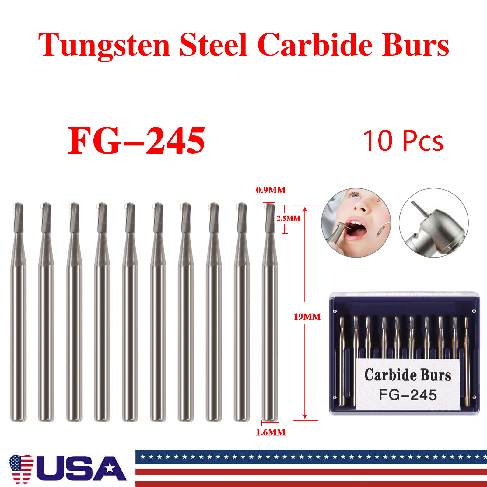 10Pcs Dental Tungsten Carbide Burs Pear-Shaped Tungsten Steel FG 245 Drills st