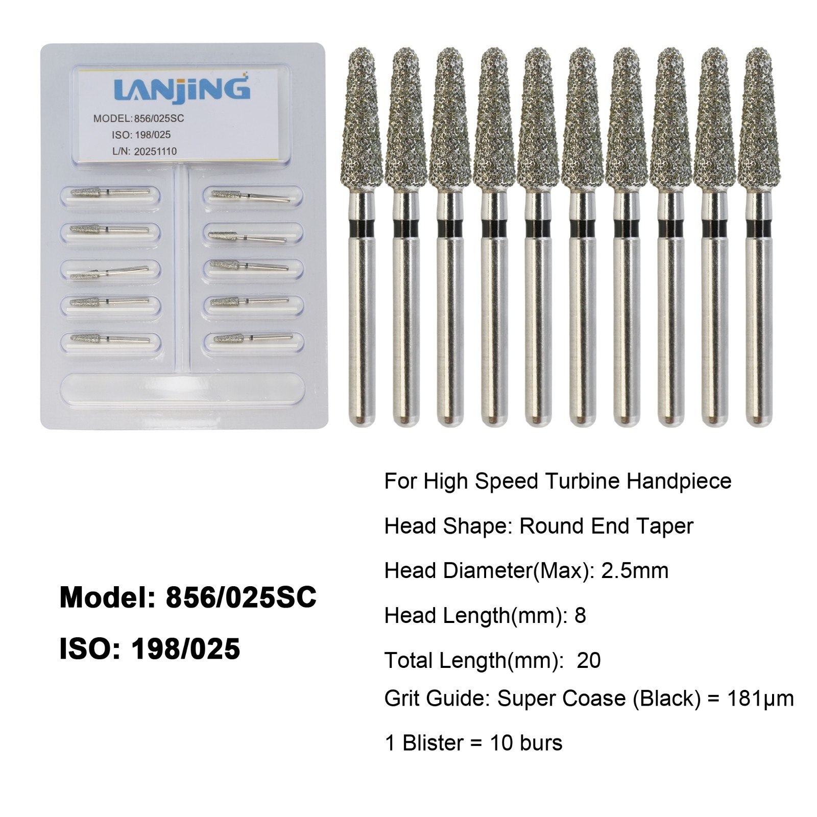 Dental Diamond Burs FG Round End Taper Bur Super Coarse Fine High Speed 856 850