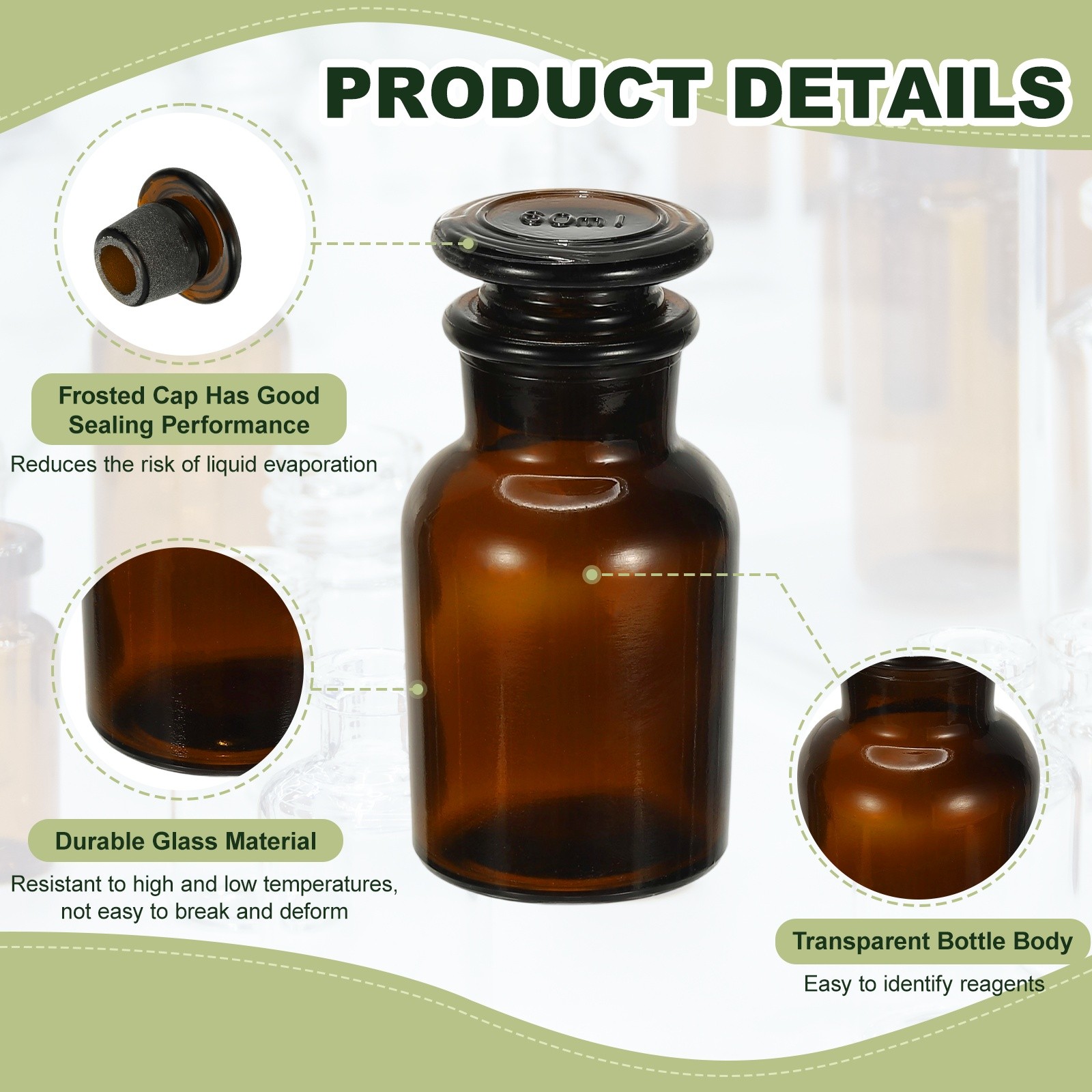 2Pack 60ml Wide Mouth Reagent Media Bottle with Stopper, Brown(2.1oz)