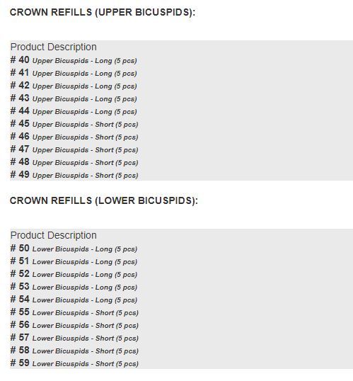 Temporary Poly carbonate Dental Crowns 5/Pk All Sizes Available